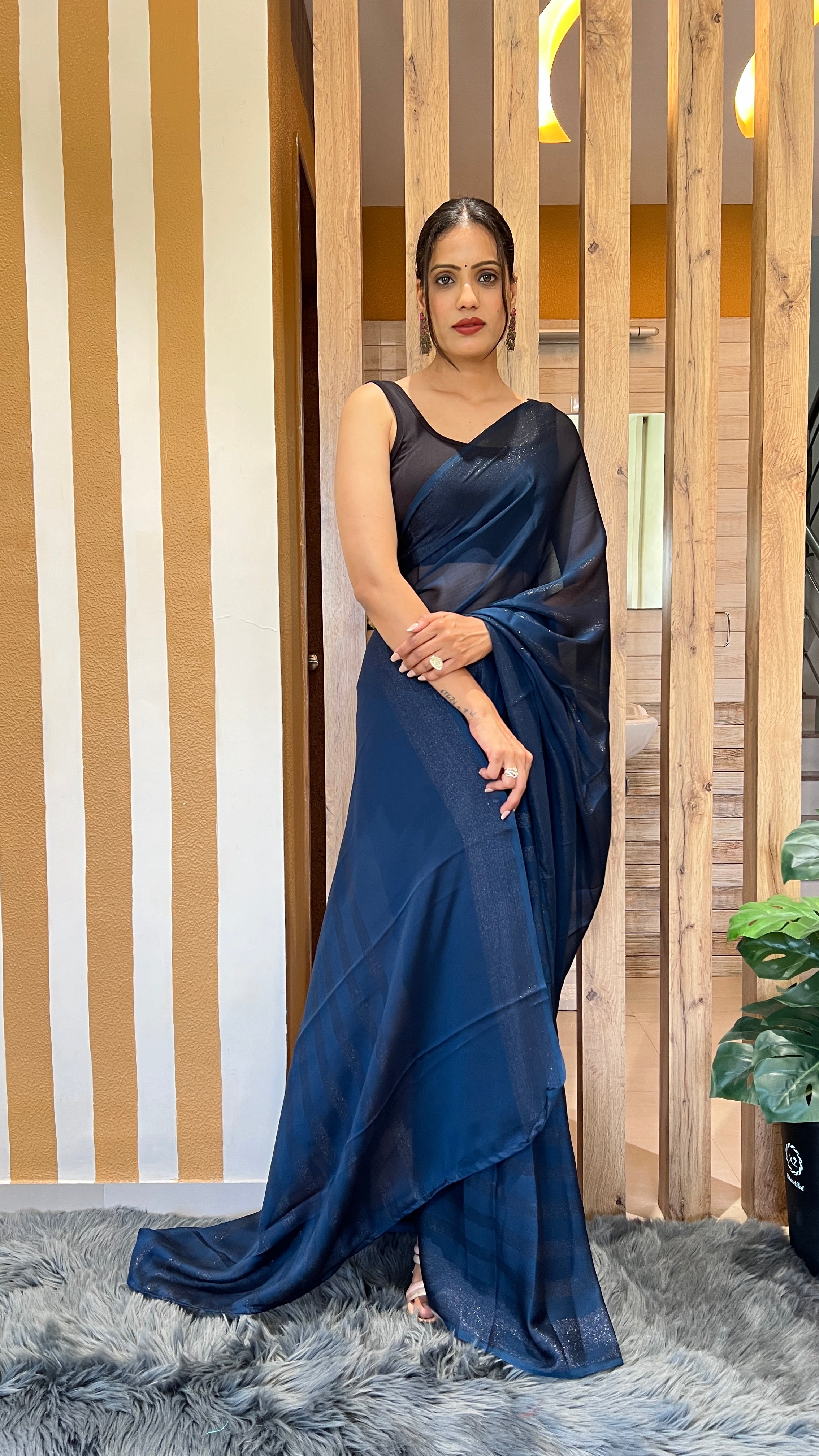 Dhavani One Minute Ready To Wear Blue Saree With Unstiched Blouse