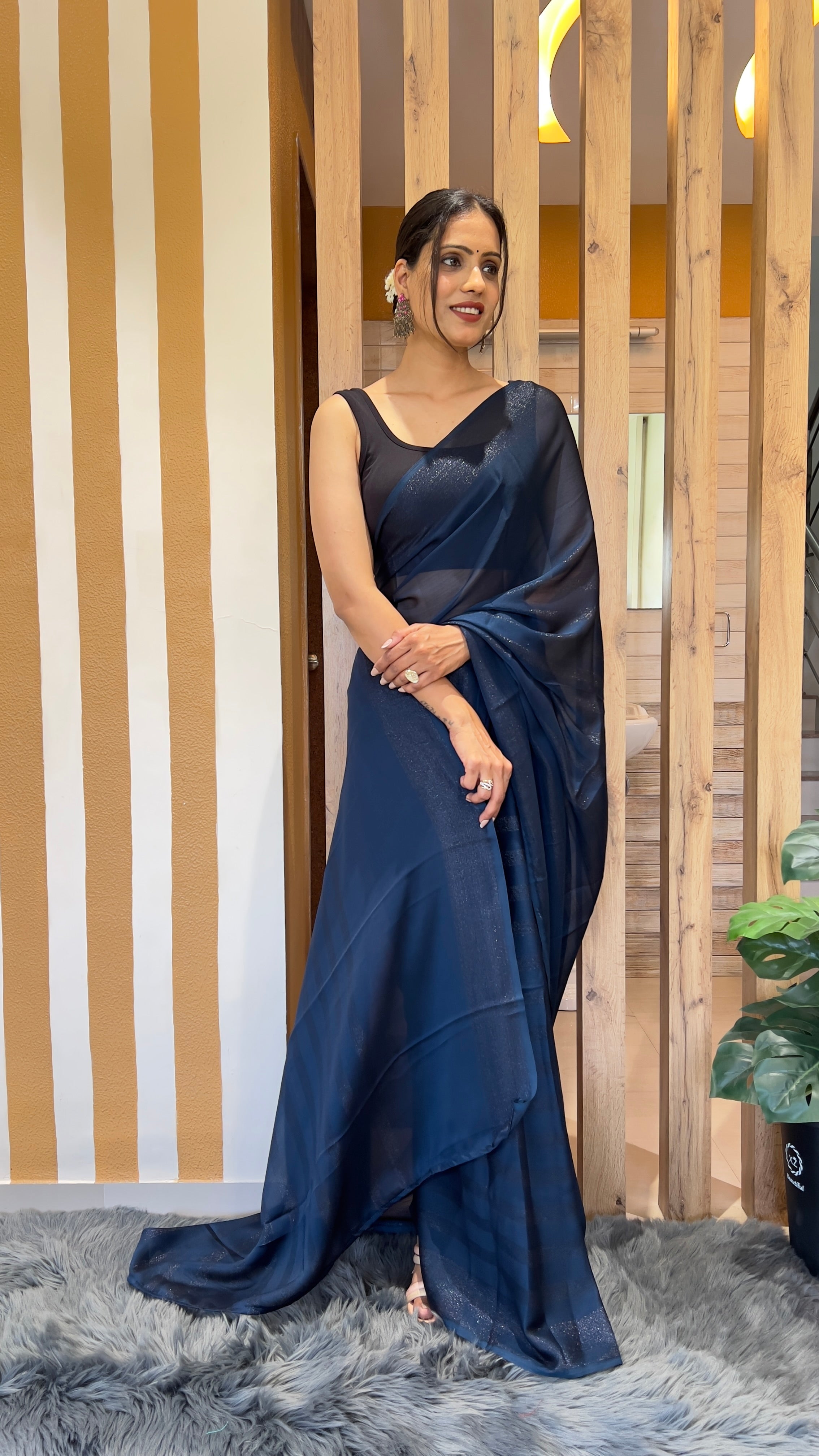 One Minute Ready To Wear New Premium Quality Blue Velvet Drapes Nylone Rimzim saree