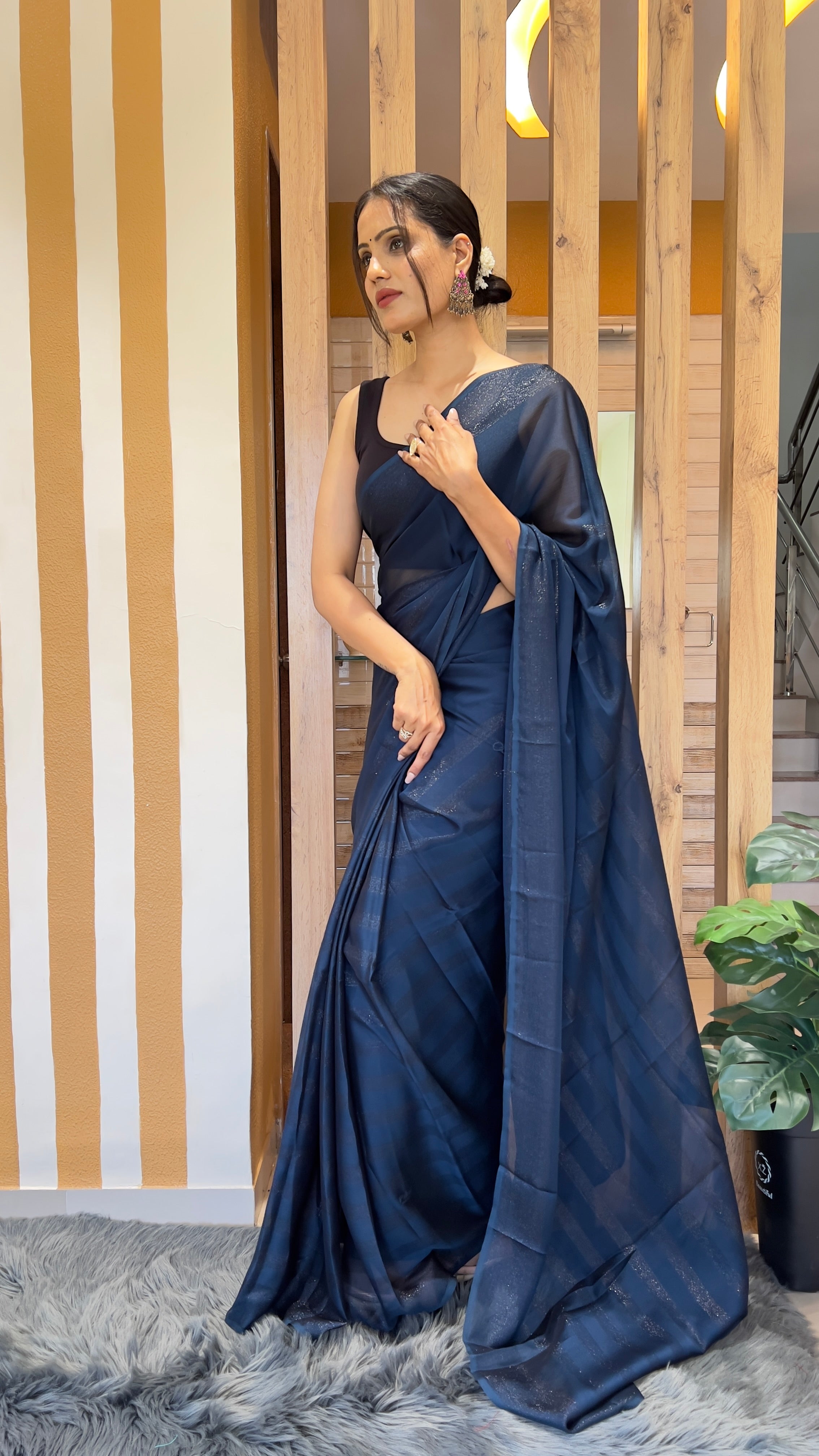 One Minute Ready To Wear New Premium Quality Blue Velvet Drapes Nylone Rimzim saree