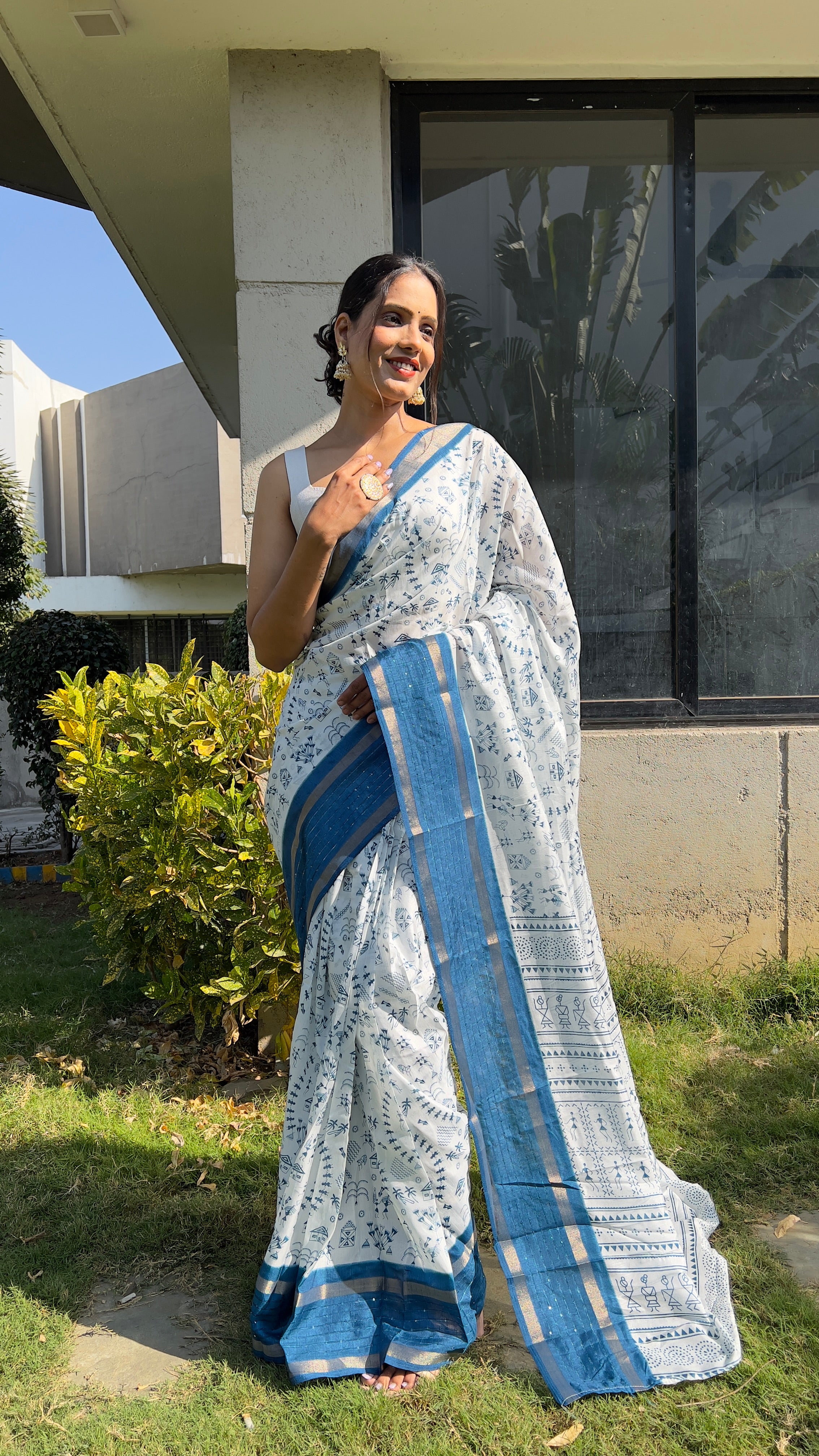 One Minute Ready to Wear New Classy Design White Blue Saree Divashree