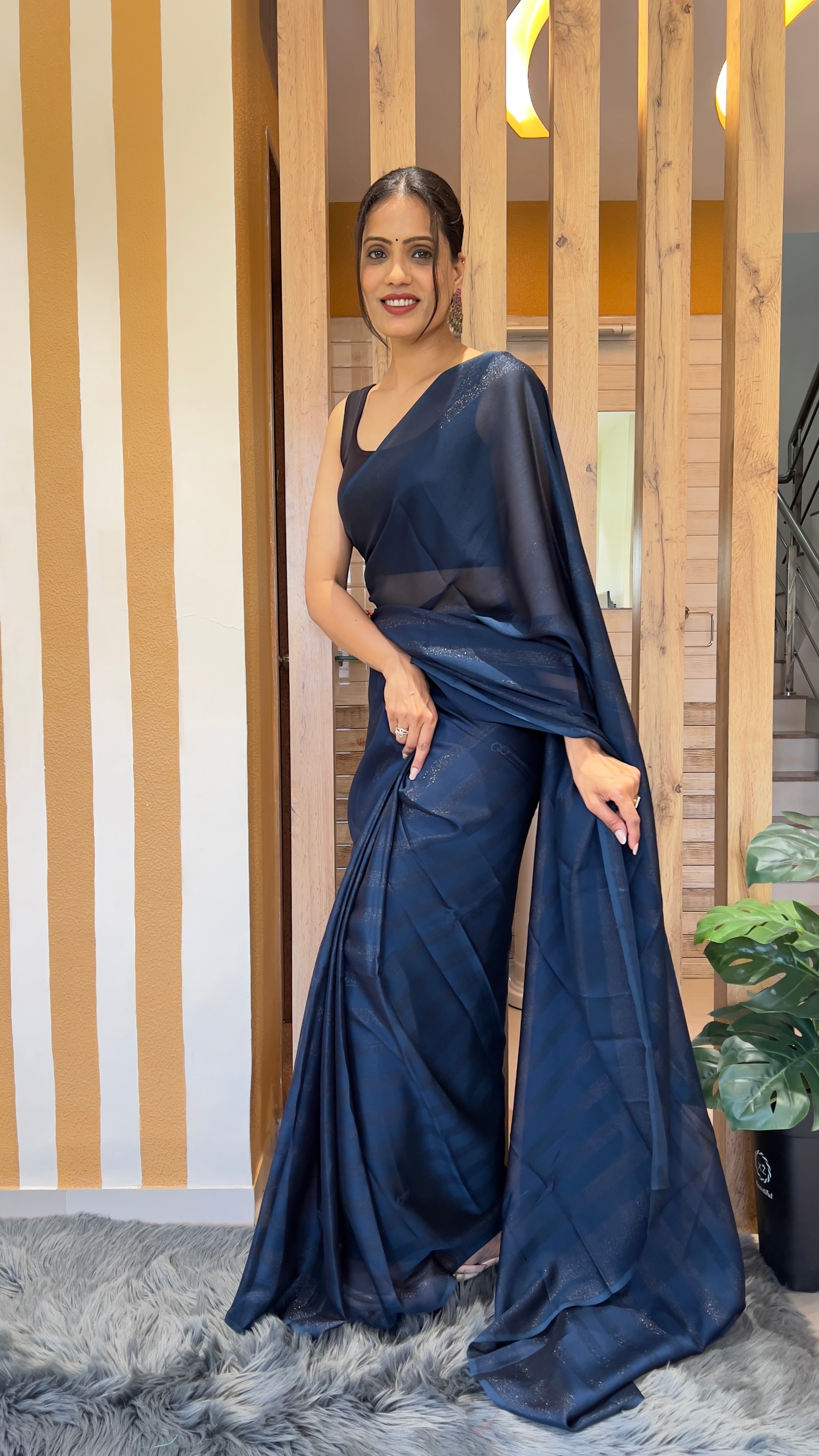 One Minute Ready To Wear New Premium Quality Blue Velvet Drapes Nylone Rimzim saree