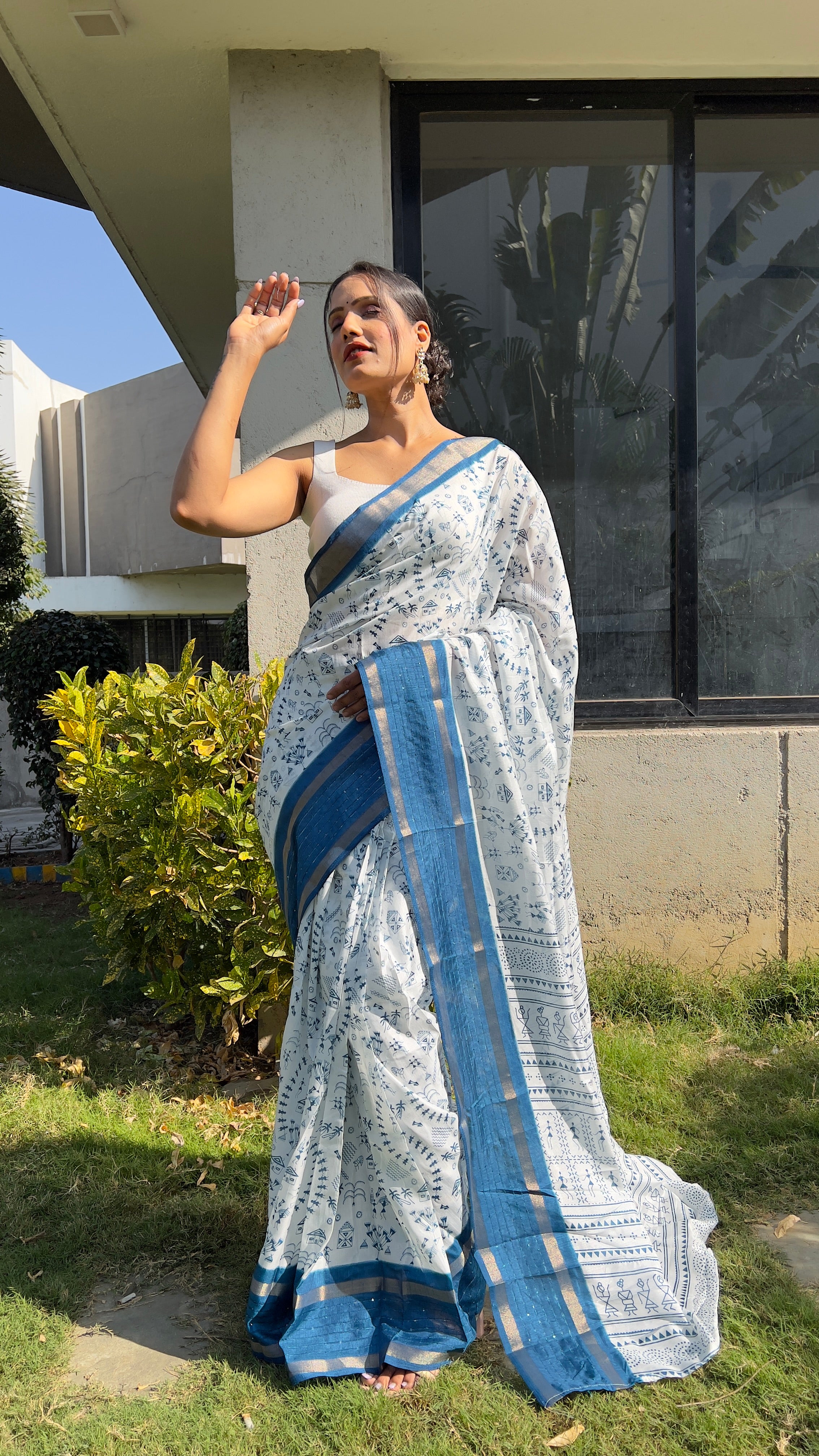 One Minute Ready to Wear New Classy Design White Blue Saree Divashree