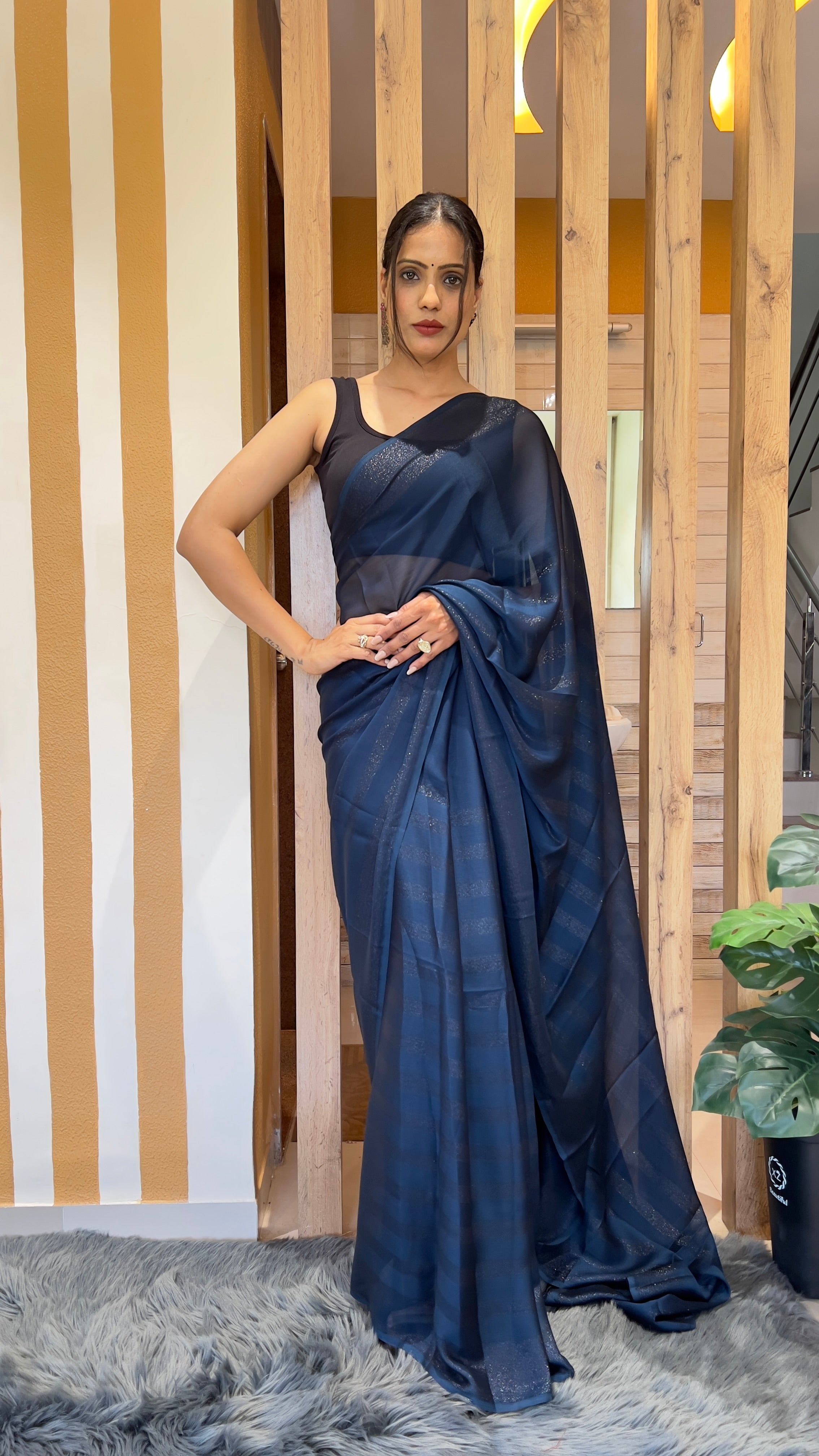 One Minute Ready To Wear New Premium Quality Blue Velvet Drapes Nylone Rimzim saree