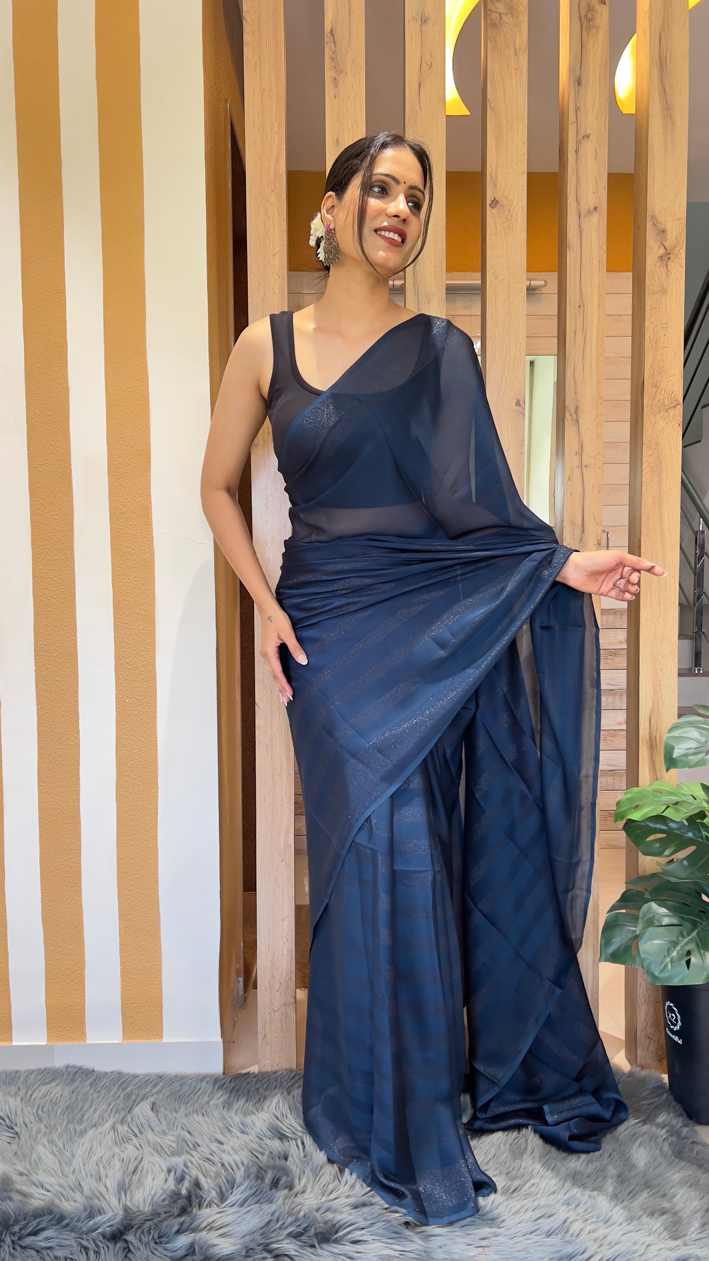 One Minute Ready To Wear New Premium Quality Blue Velvet Drapes Nylone Rimzim saree