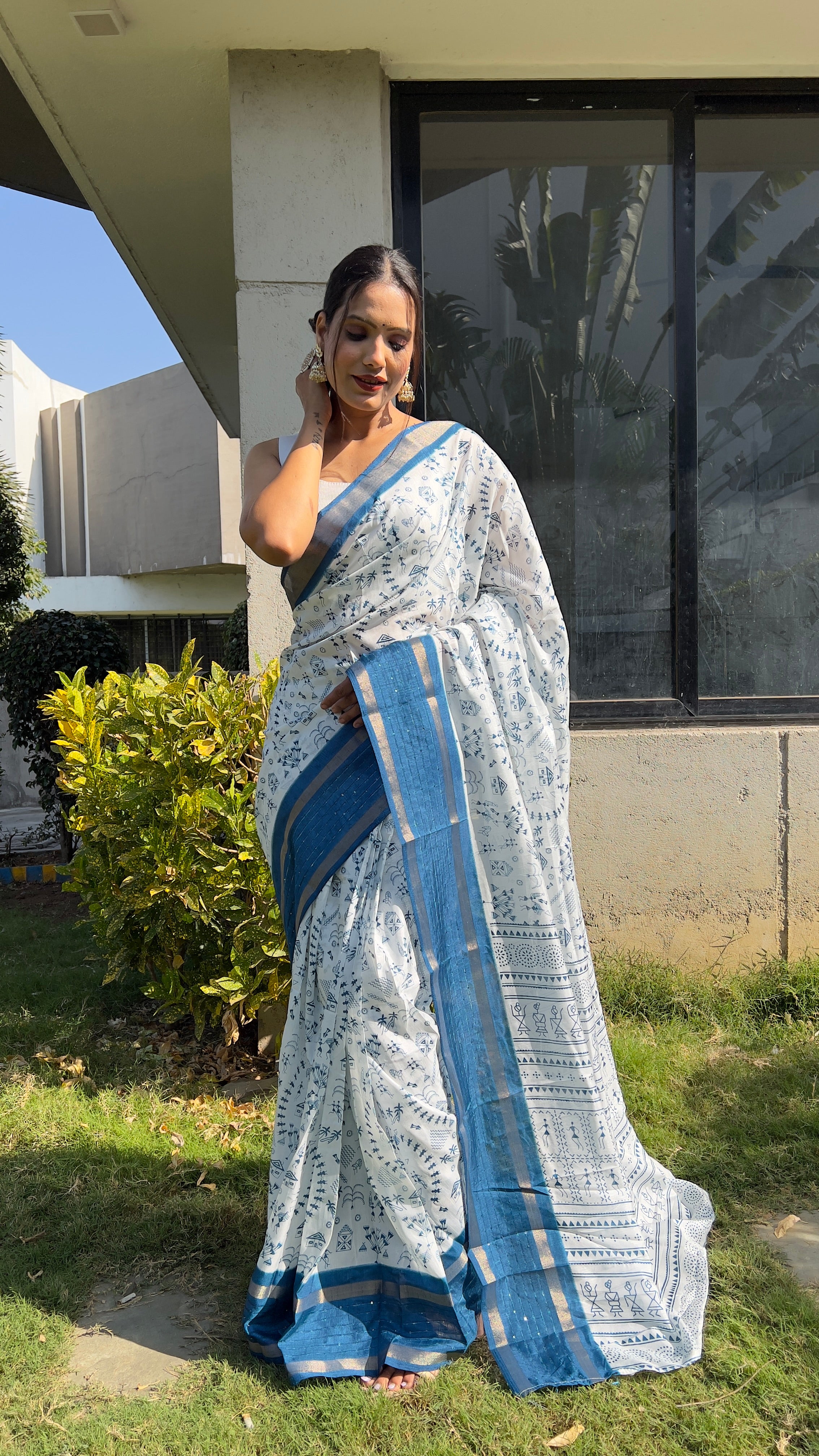 Kalamkari  One Minute Ready To Wear Blue Border Saree With Unstiched Blouse