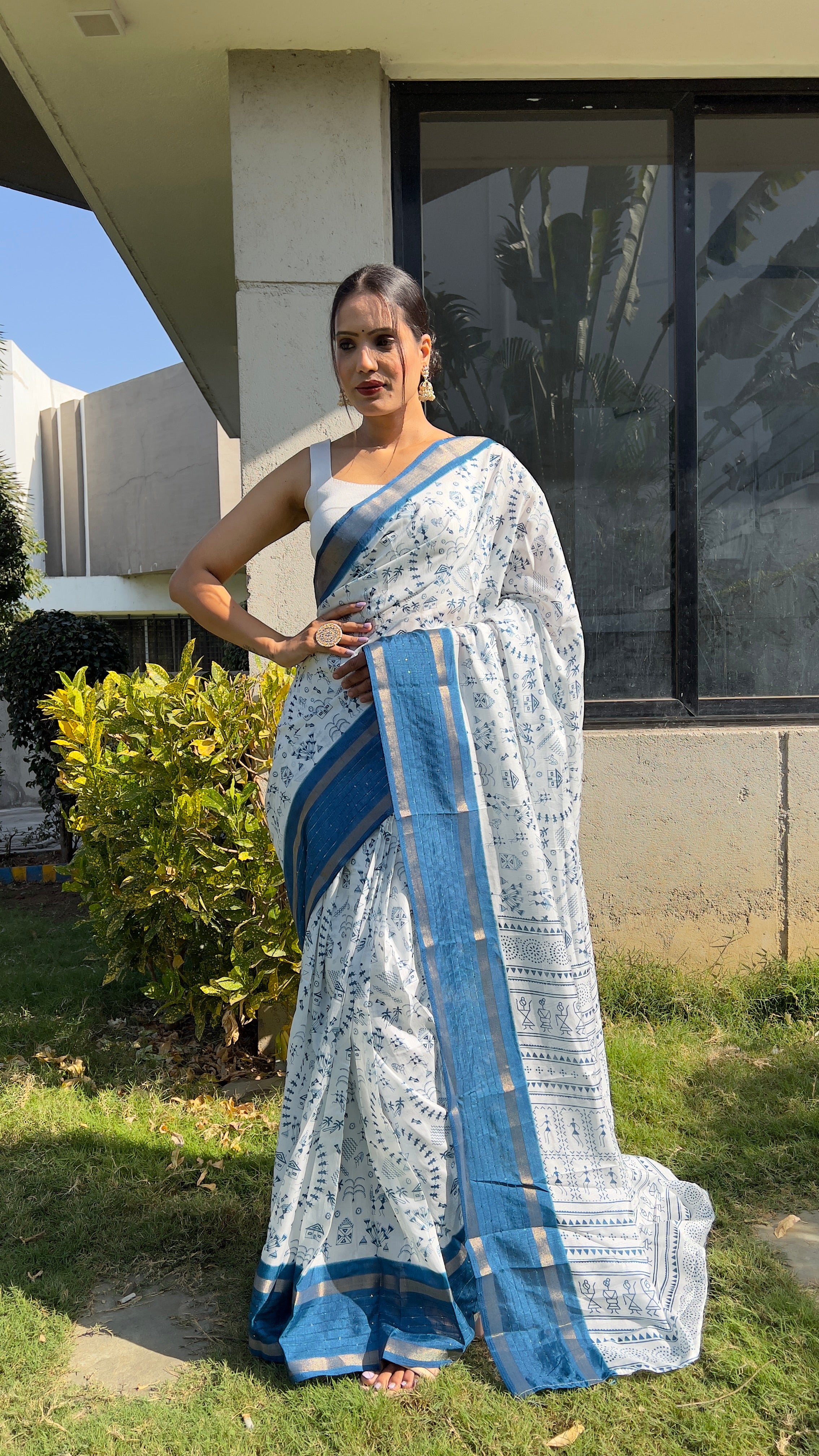 One Minute Ready to Wear New Classy Design White Blue Saree Divashree