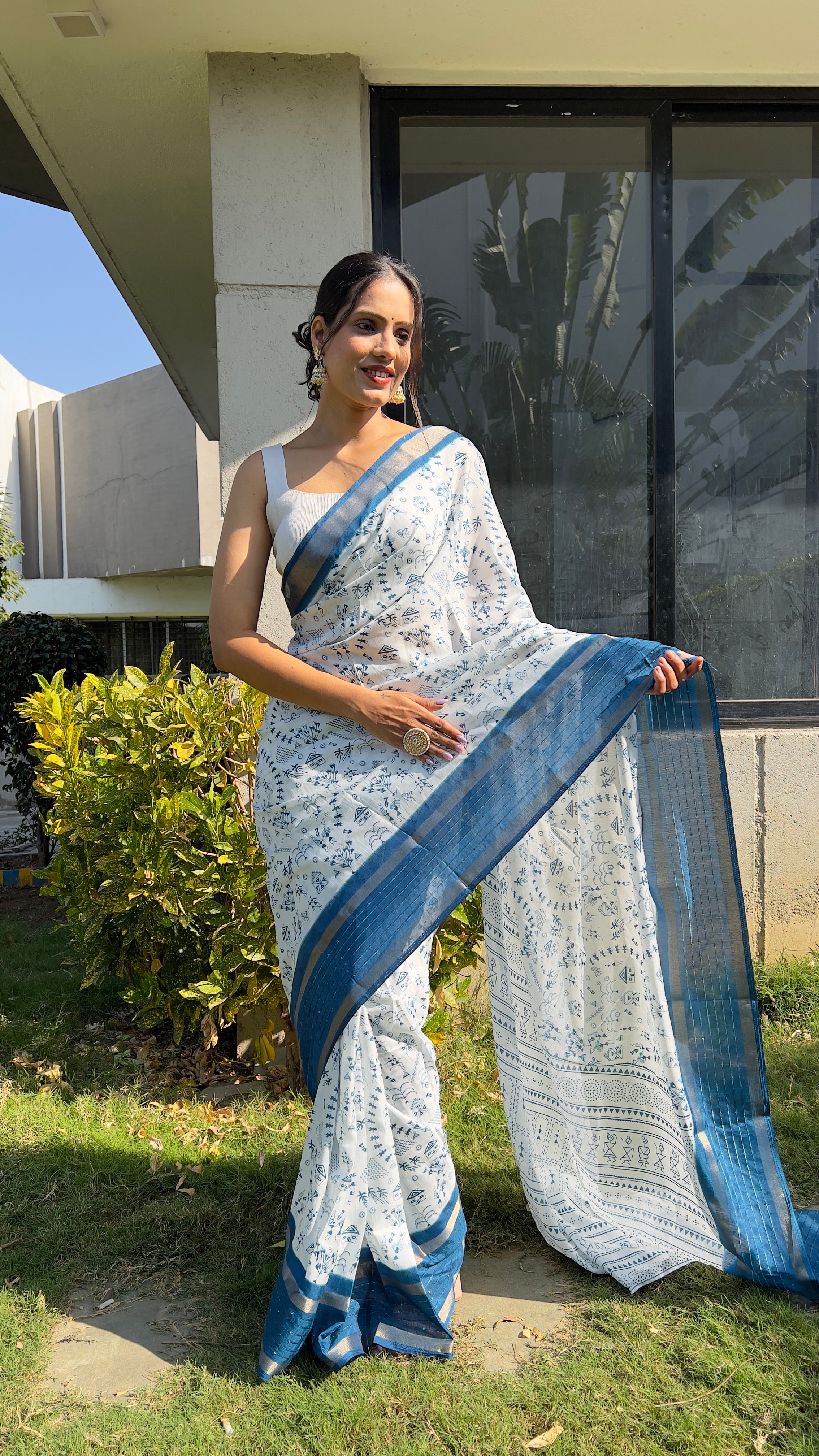 Kalamkari  One Minute Ready To Wear Blue Border Saree With Unstiched Blouse