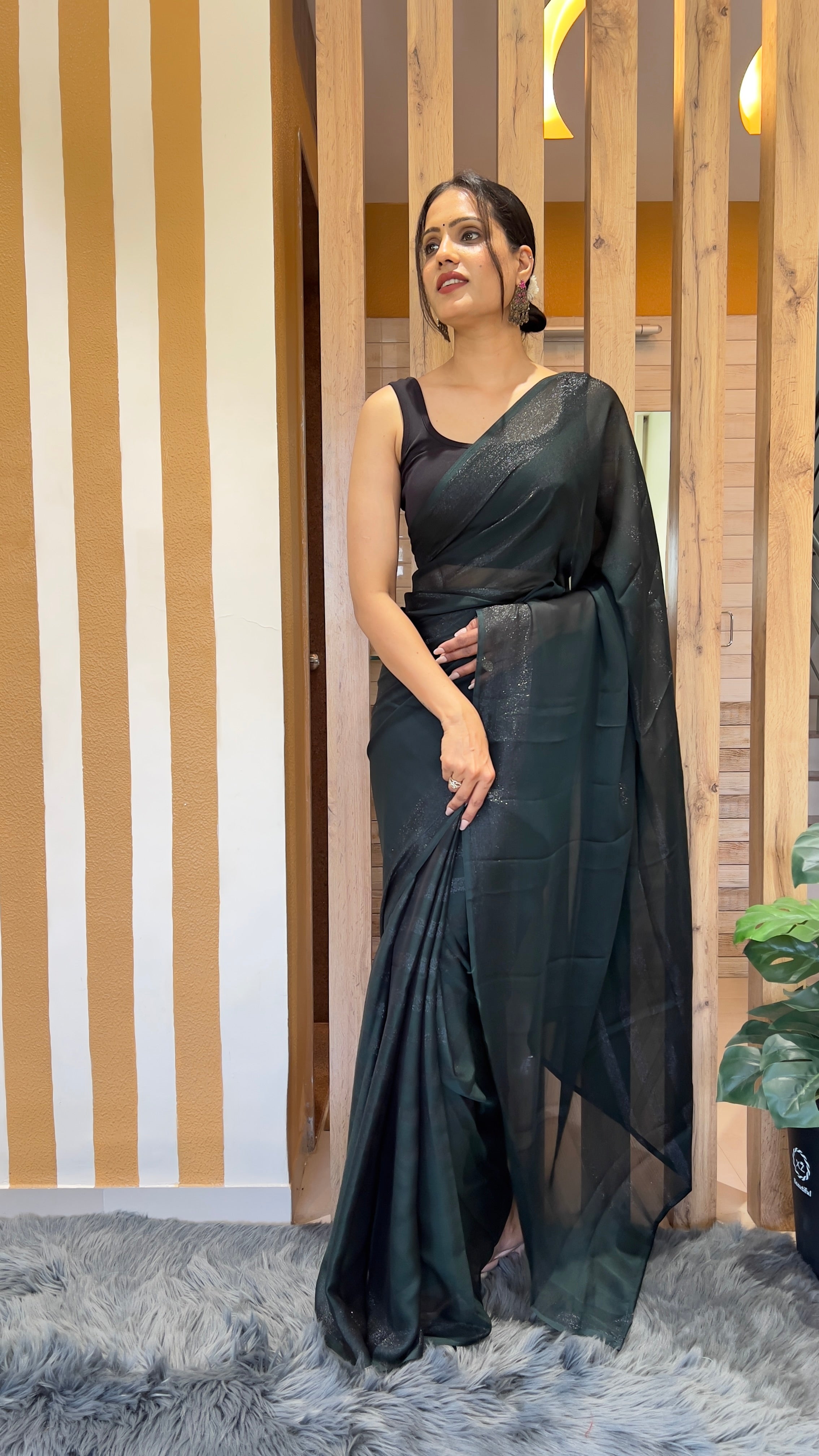 One Minute Ready To Wear New Premium Quality Green Dark Drapery Nylone Rimzim saree