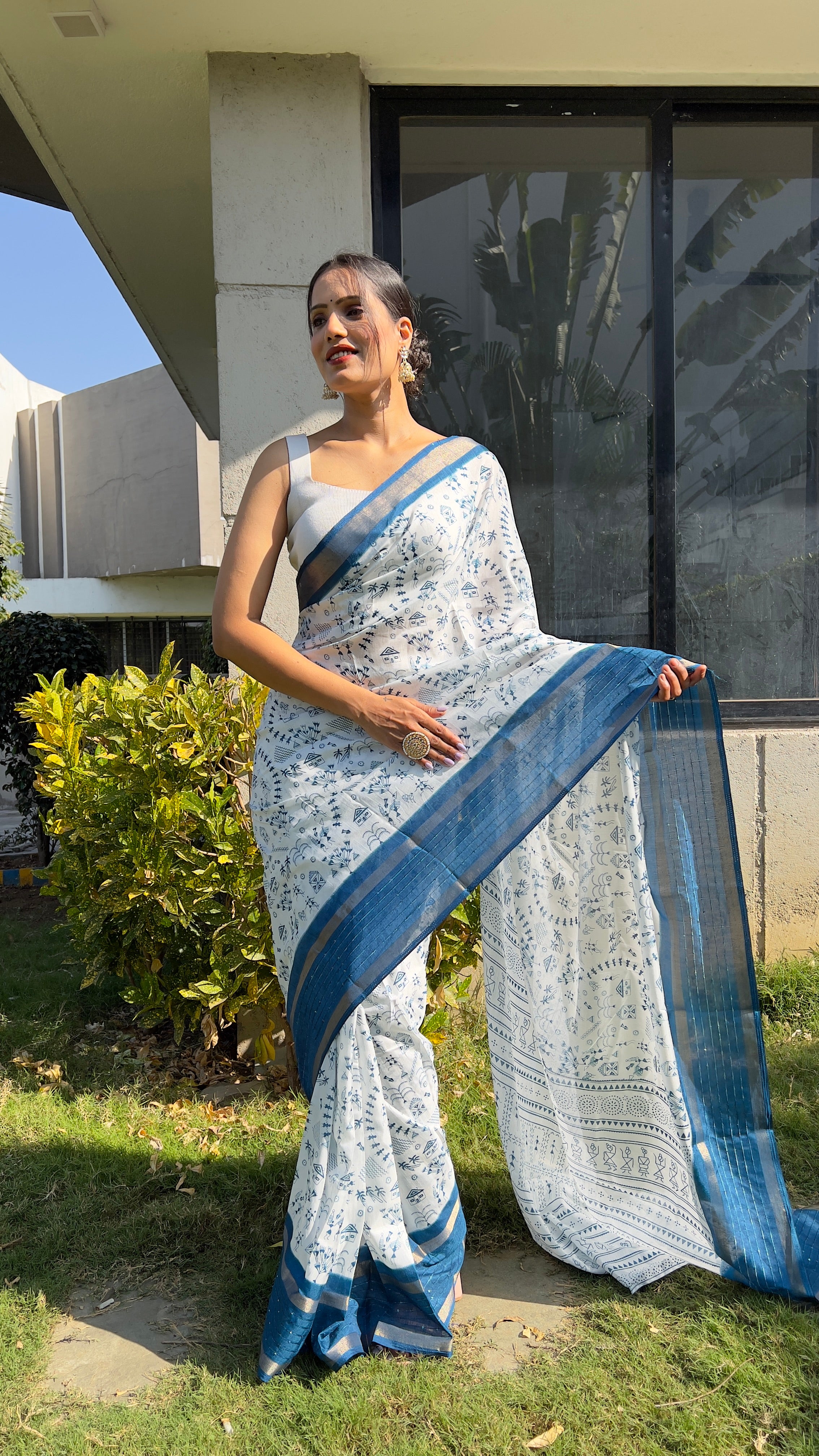 Kalamkari  One Minute Ready To Wear Blue Border Saree With Unstiched Blouse