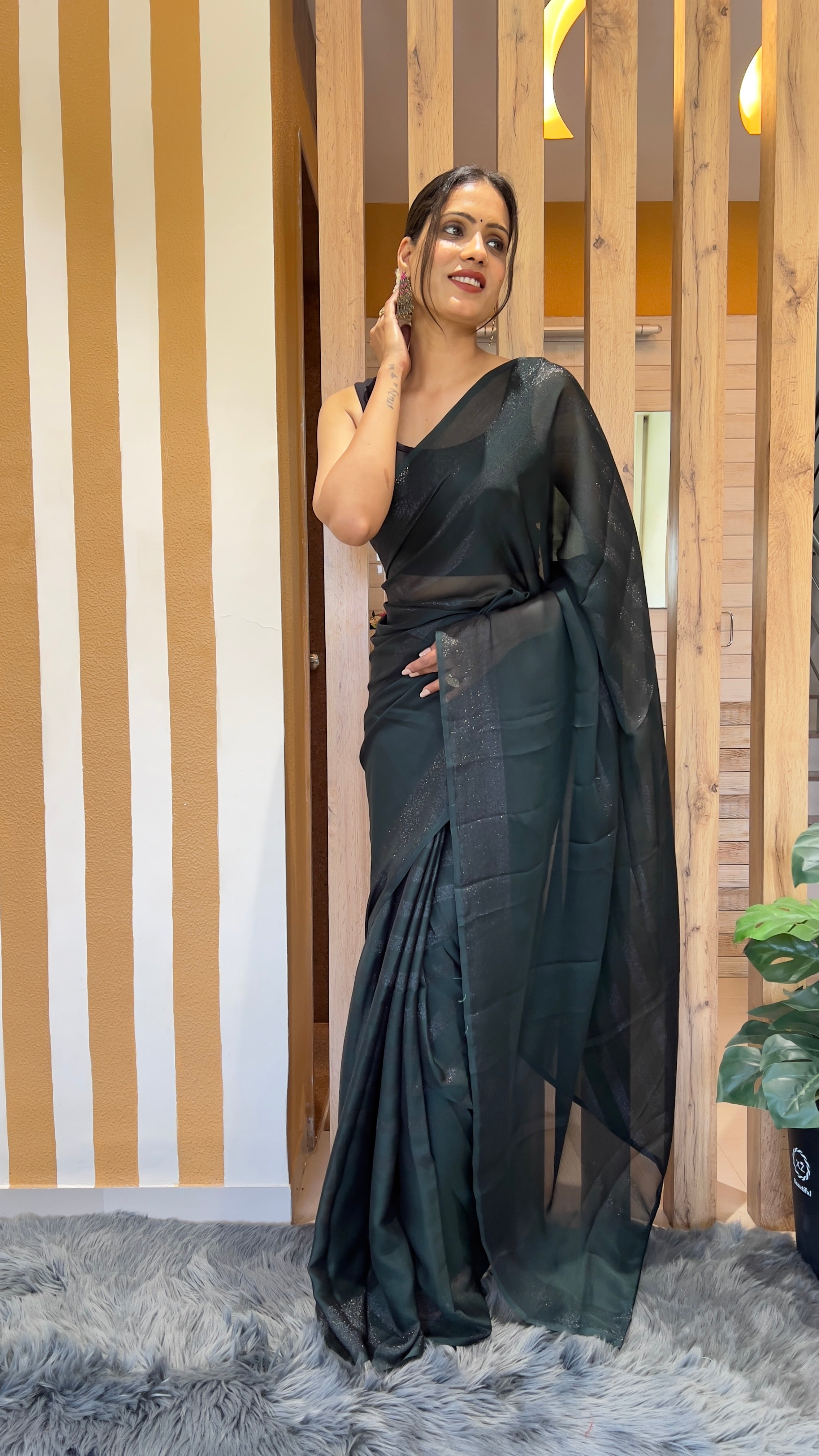 One Minute Ready To Wear New Premium Quality Green Dark Drapery Nylone Rimzim saree