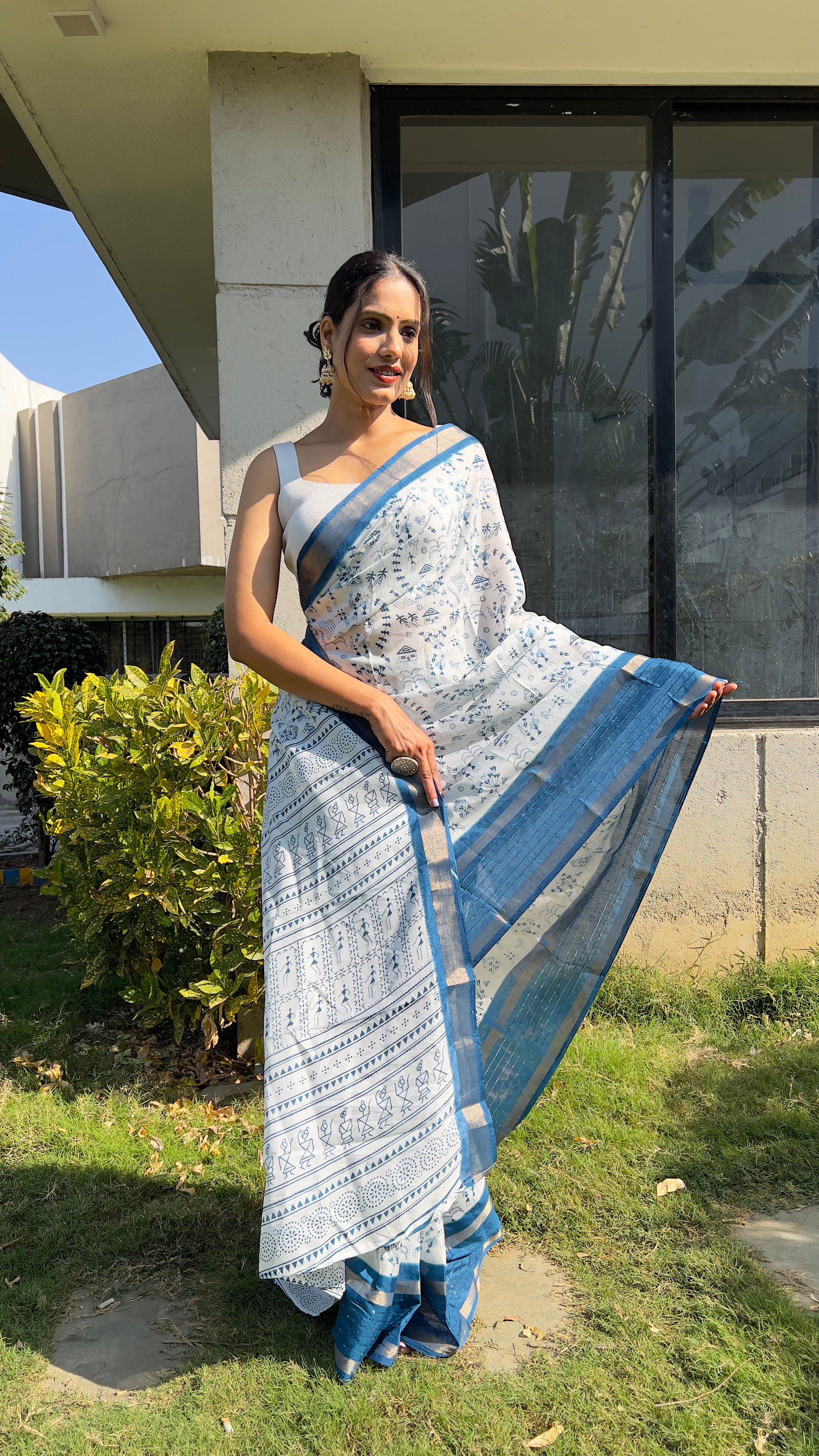 Kalamkari  One Minute Ready To Wear Blue Border Saree With Unstiched Blouse