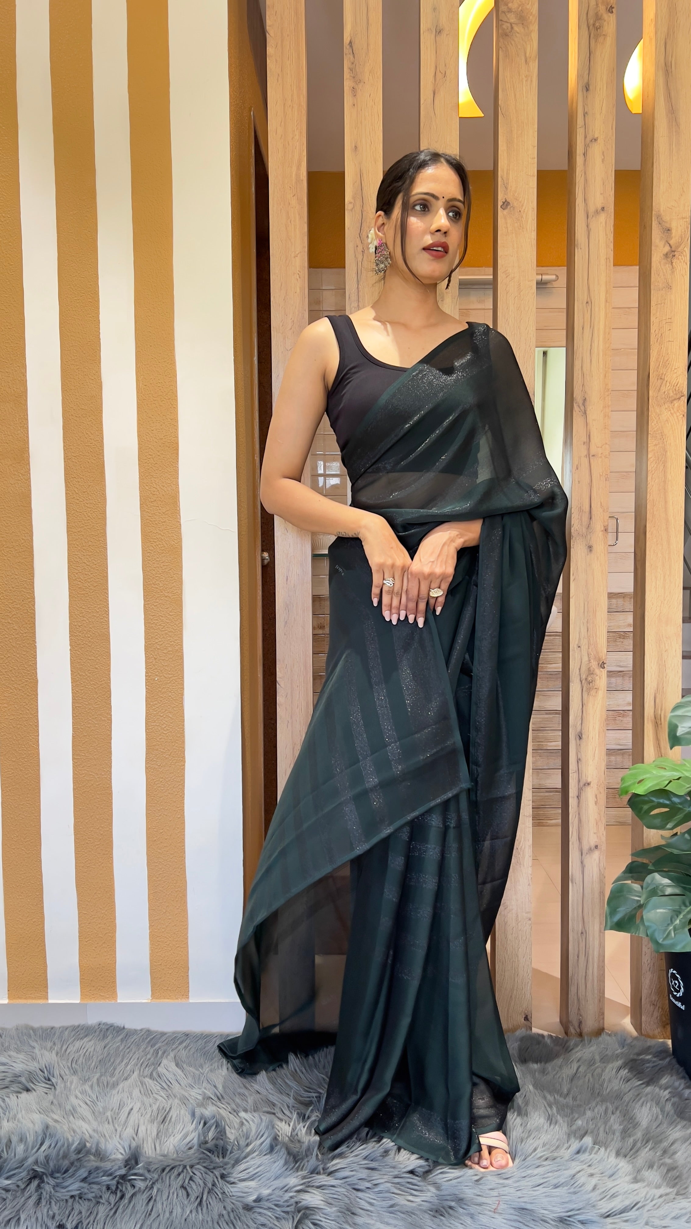 One Minute Ready To Wear New Premium Quality Green Dark Drapery Nylone Rimzim saree