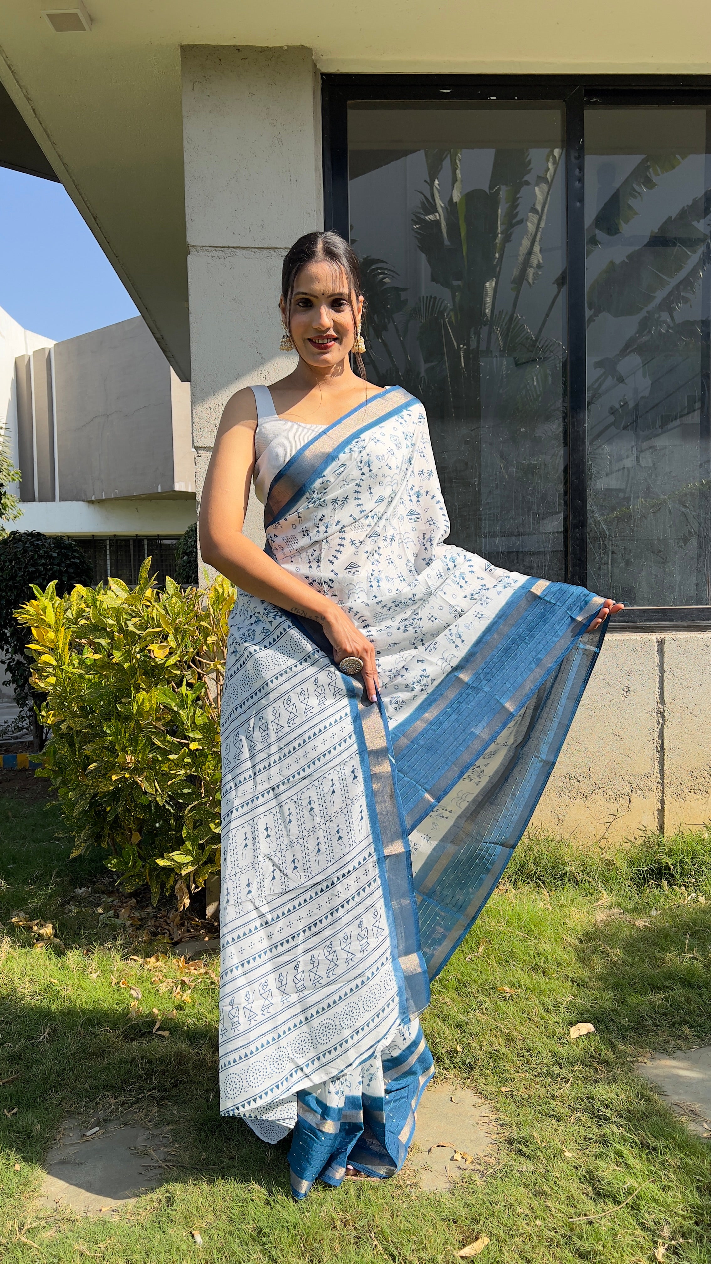 Kalamkari  One Minute Ready To Wear Blue Border Saree With Unstiched Blouse