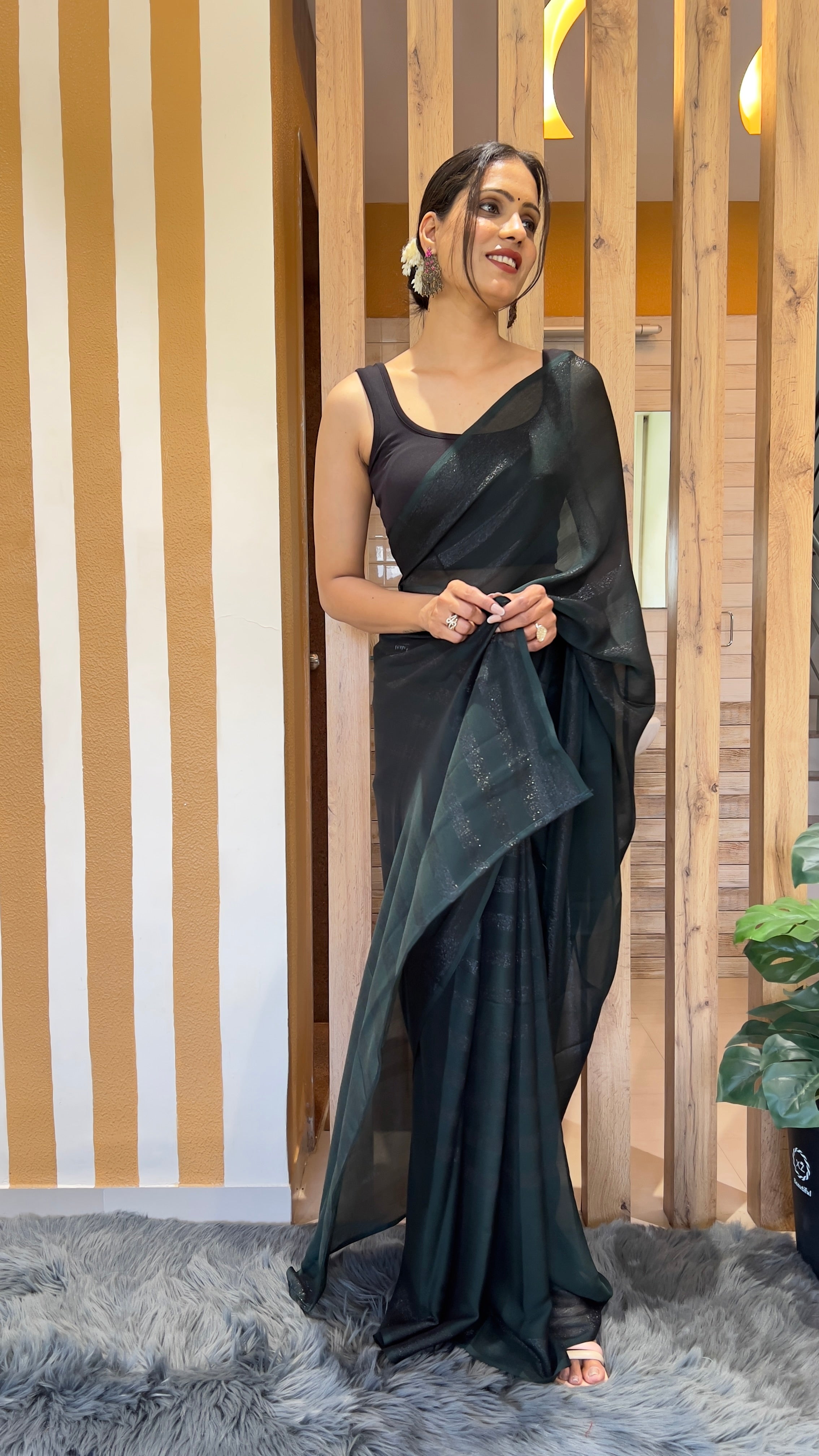 One Minute Ready To Wear New Premium Quality Green Dark Drapery Nylone Rimzim saree