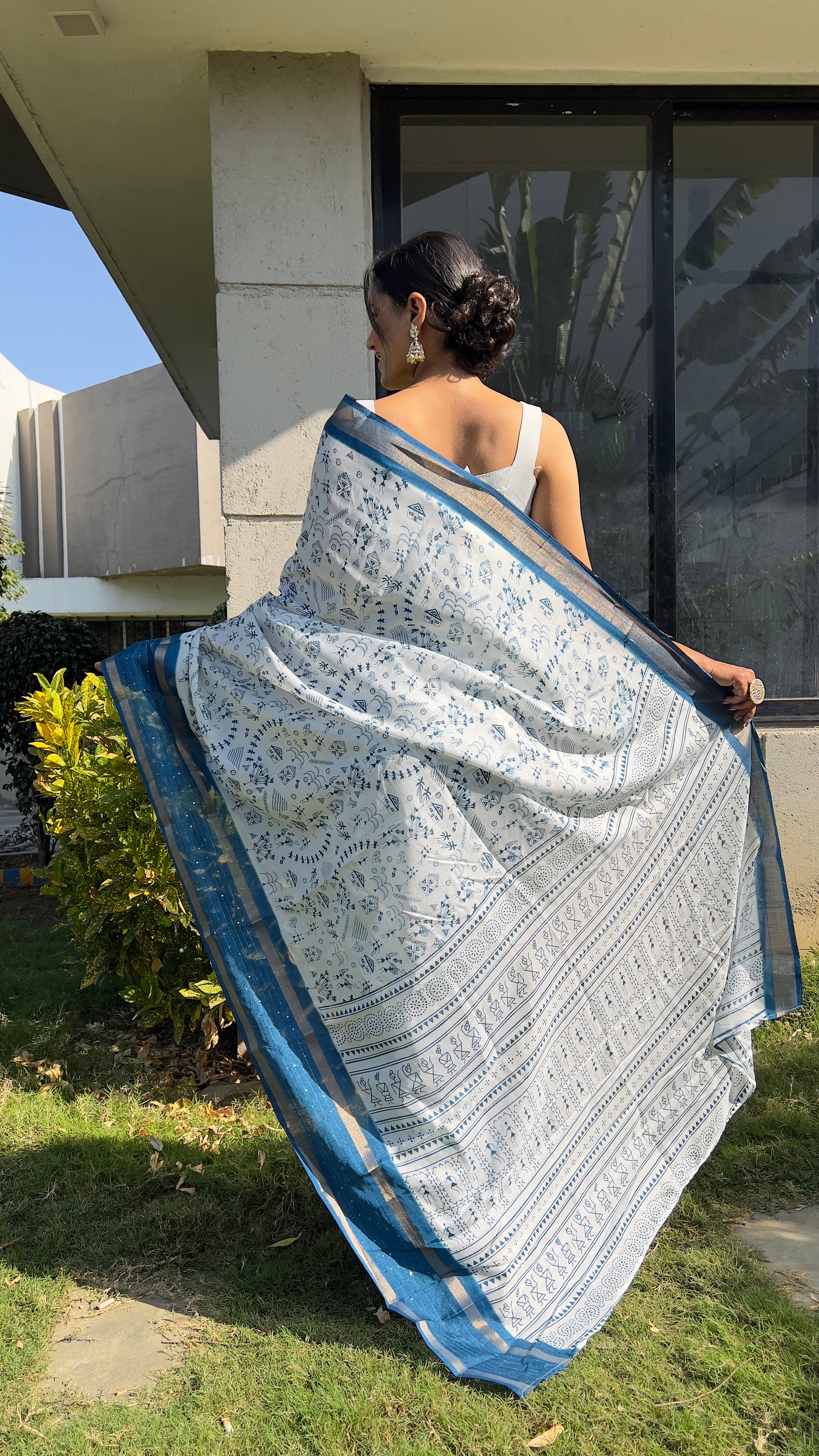 Kalamkari  One Minute Ready To Wear Blue Border Saree With Unstiched Blouse