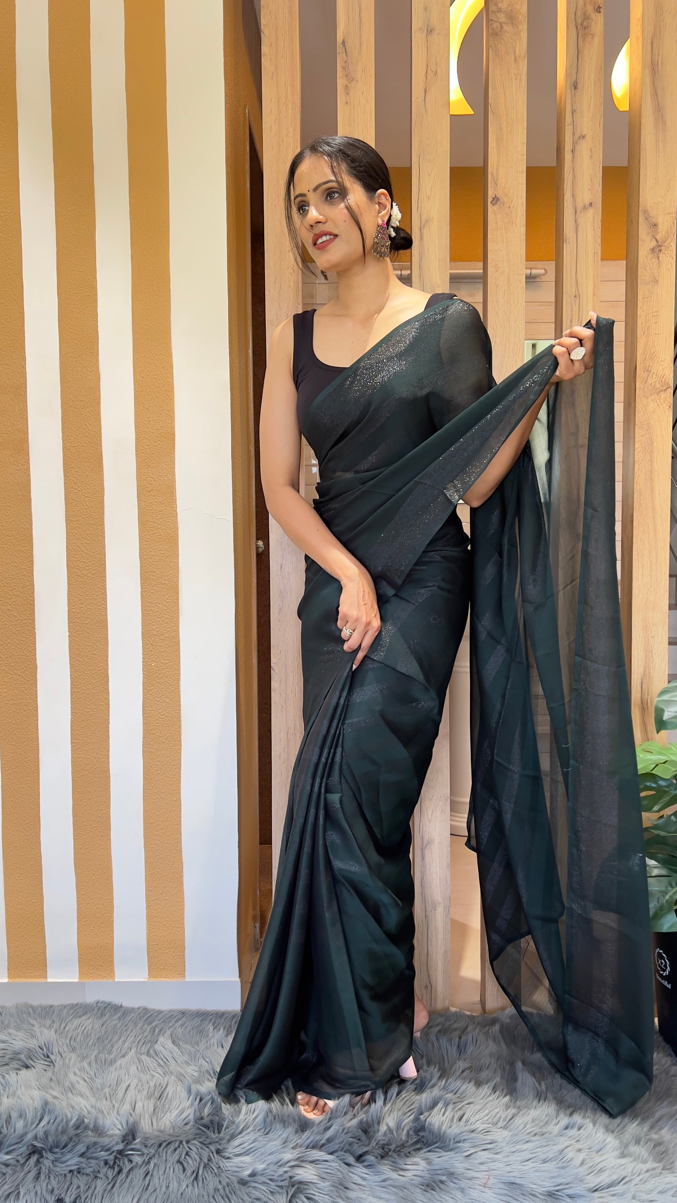 Dhavani One Minute Ready To Wear Black Saree With Unstiched Blouse