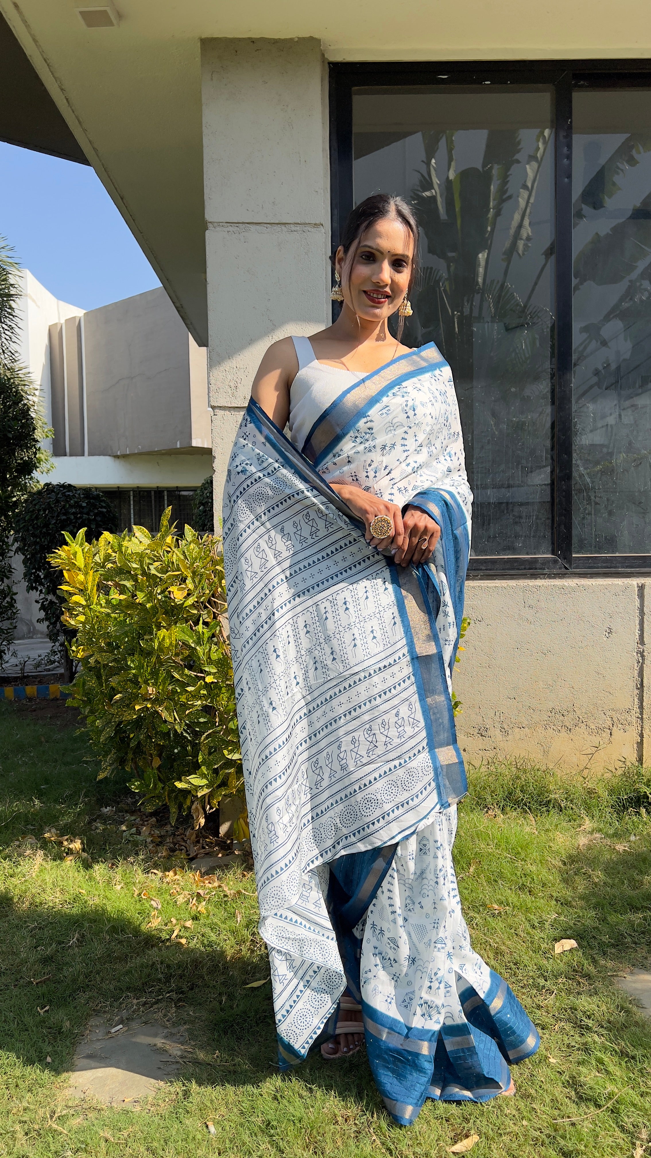 Kalamkari  One Minute Ready To Wear Blue Border Saree With Unstiched Blouse