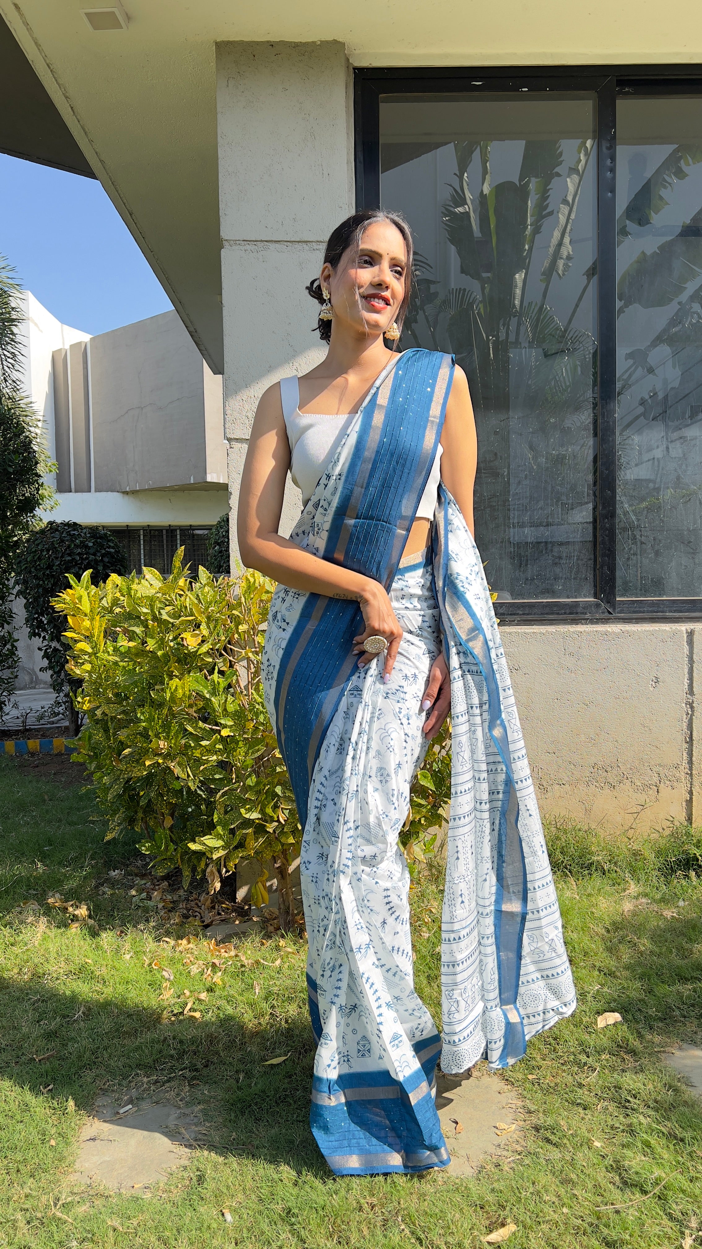 Kalamkari  One Minute Ready To Wear Blue Border Saree With Unstiched Blouse