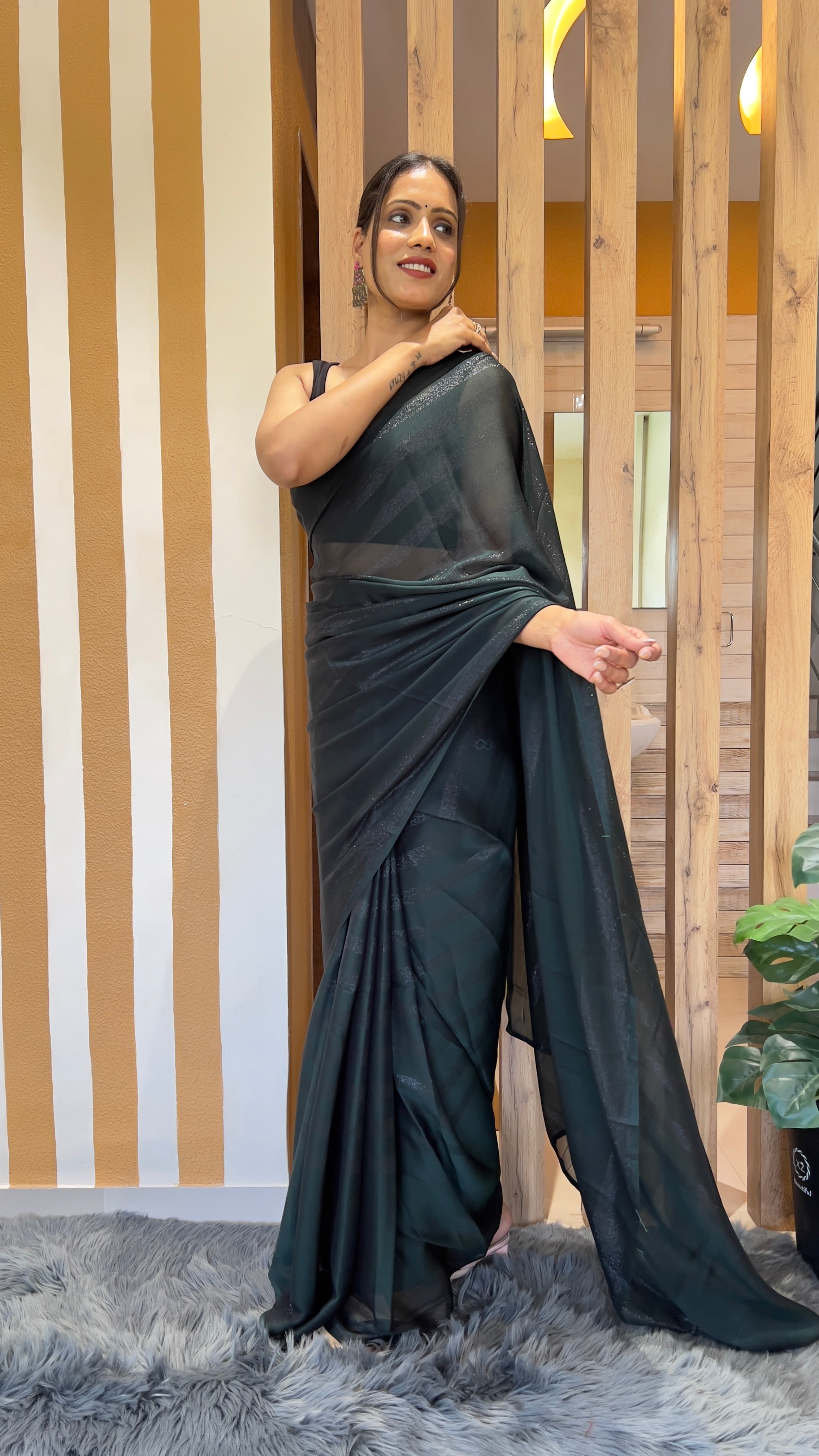 One Minute Ready To Wear New Premium Quality Green Dark Drapery Nylone Rimzim saree