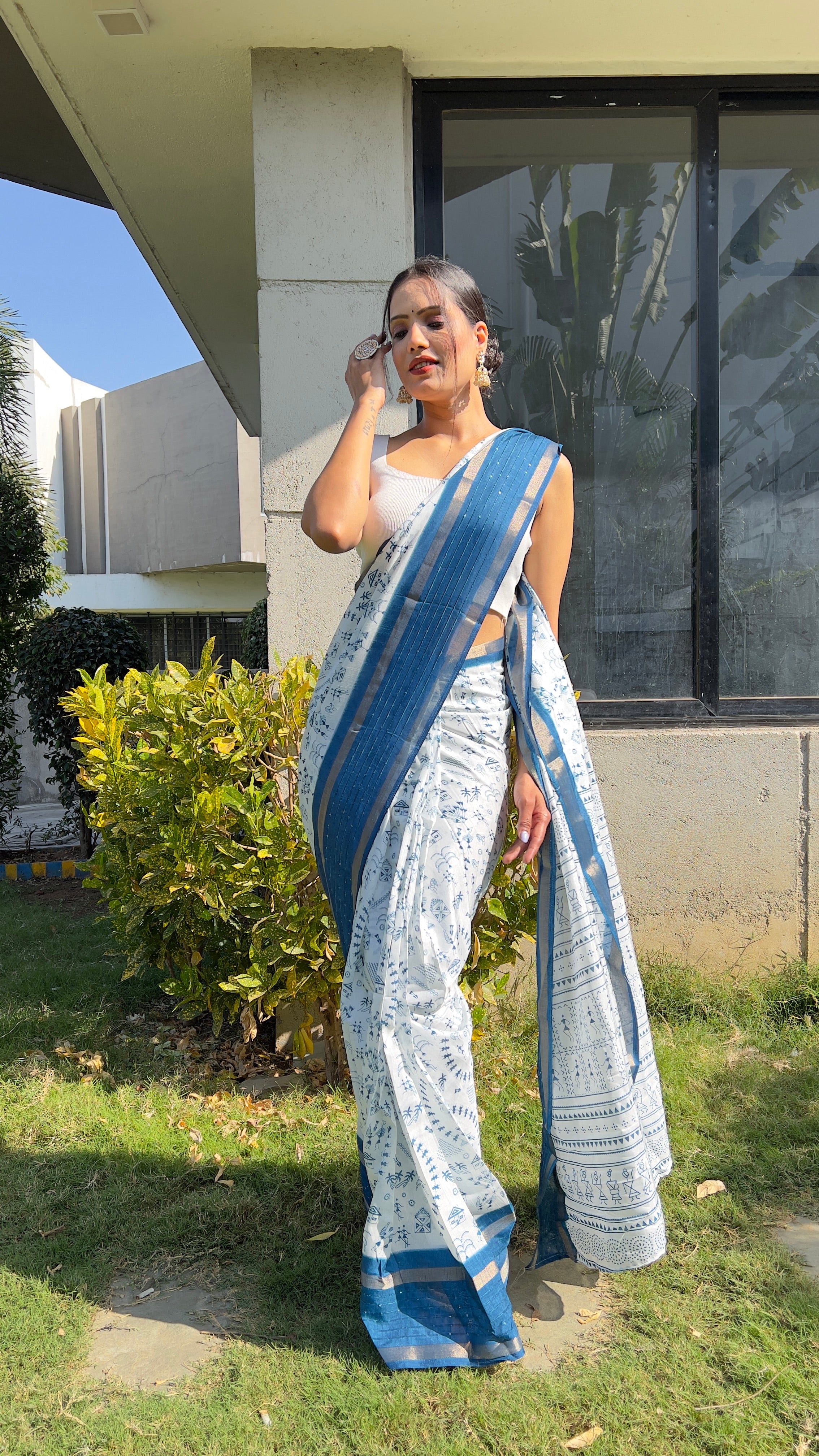 Kalamkari  One Minute Ready To Wear Blue Border Saree With Unstiched Blouse