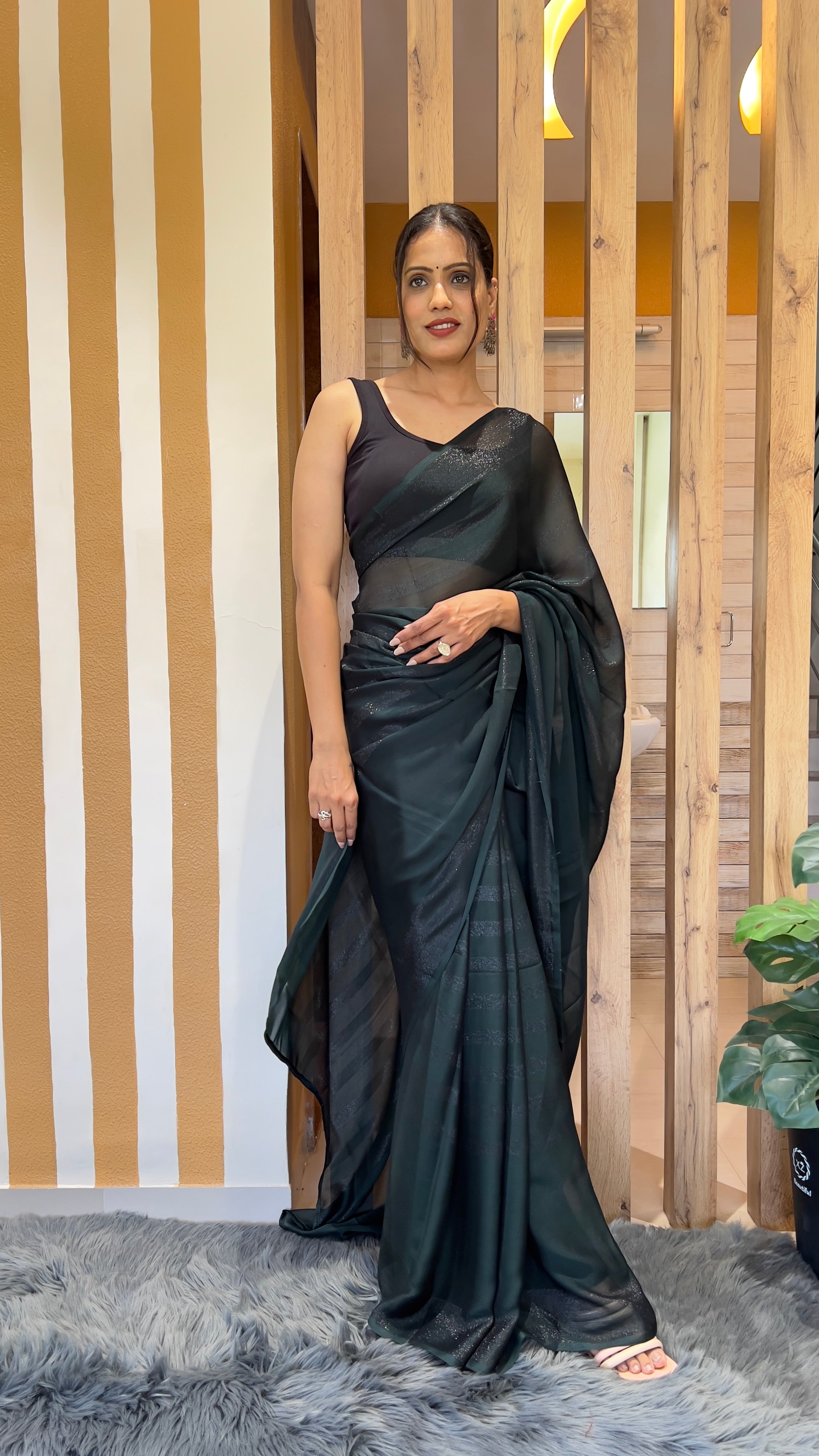 One Minute Ready To Wear New Premium Quality Green Dark Drapery Nylone Rimzim saree