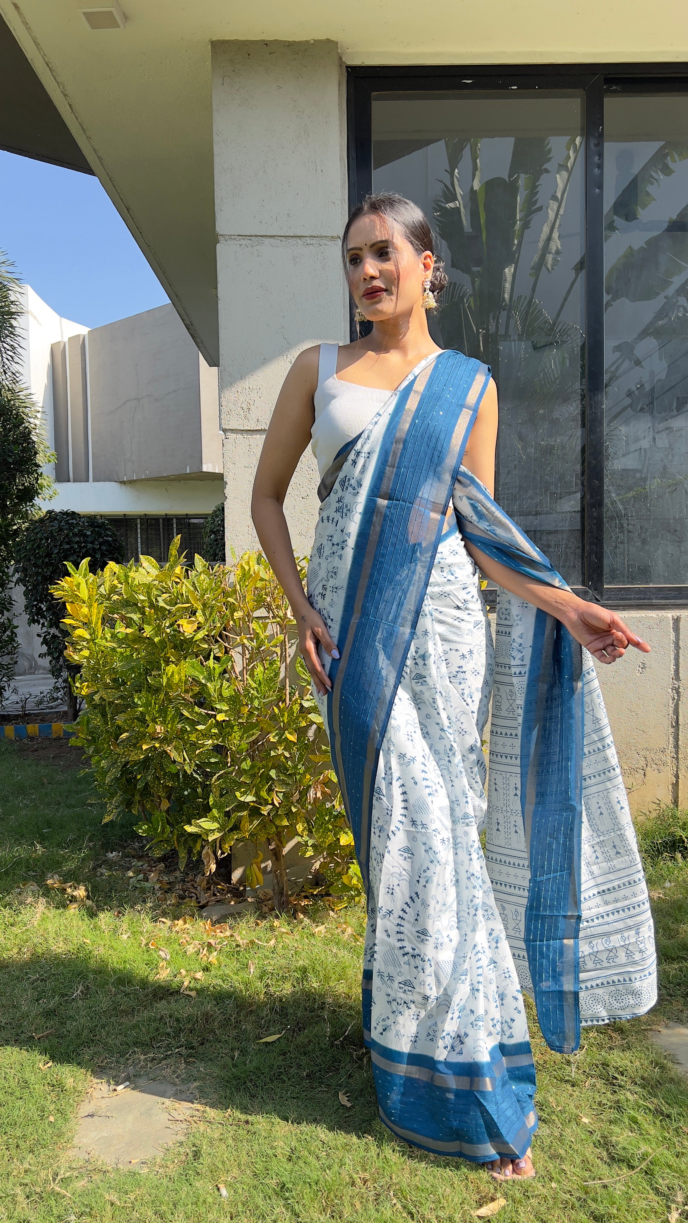 Kalamkari  One Minute Ready To Wear Blue Border Saree With Unstiched Blouse