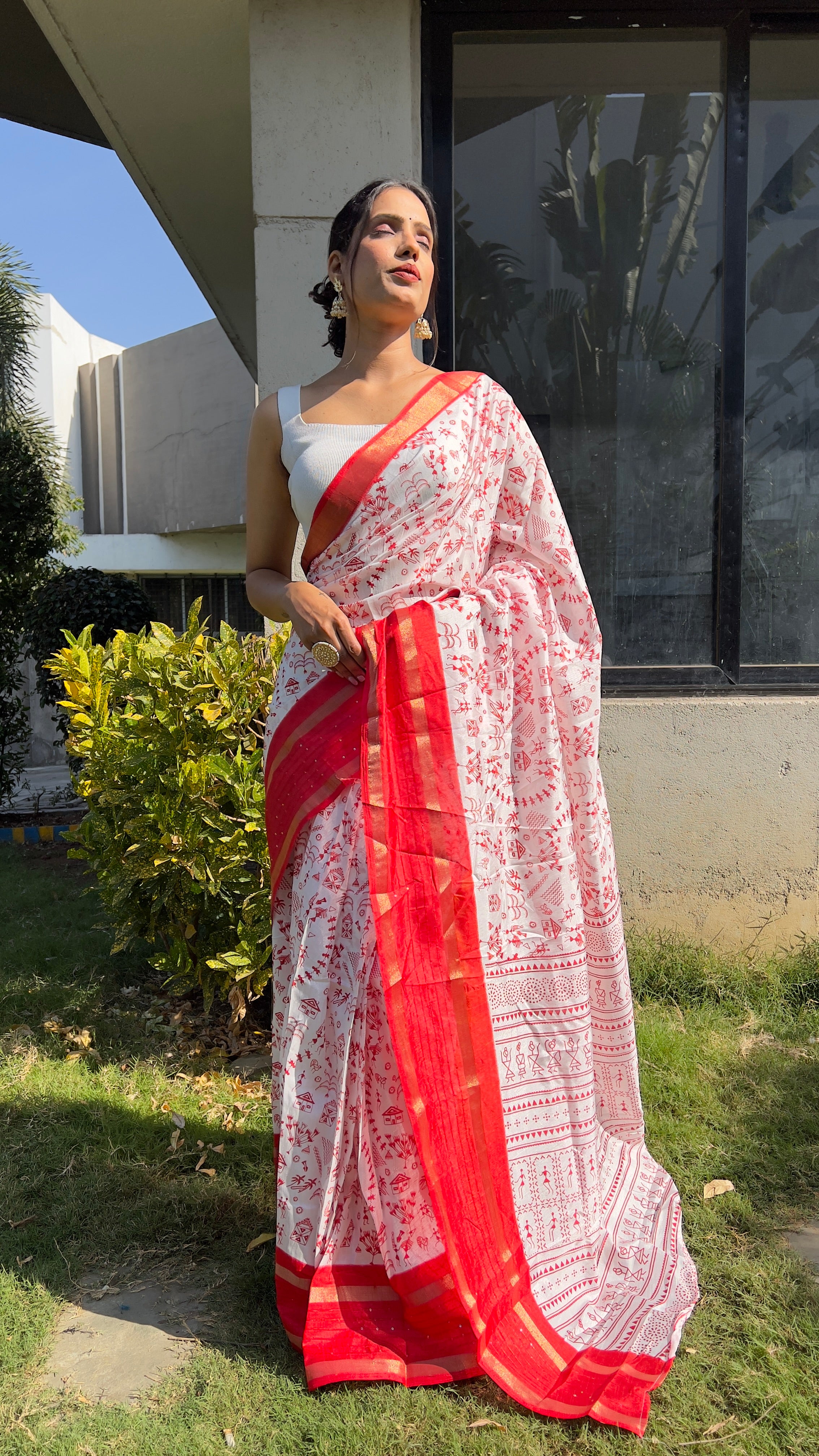 Kalamkari  One Minute Ready To Wear Red Border Saree With Unstiched Blouse