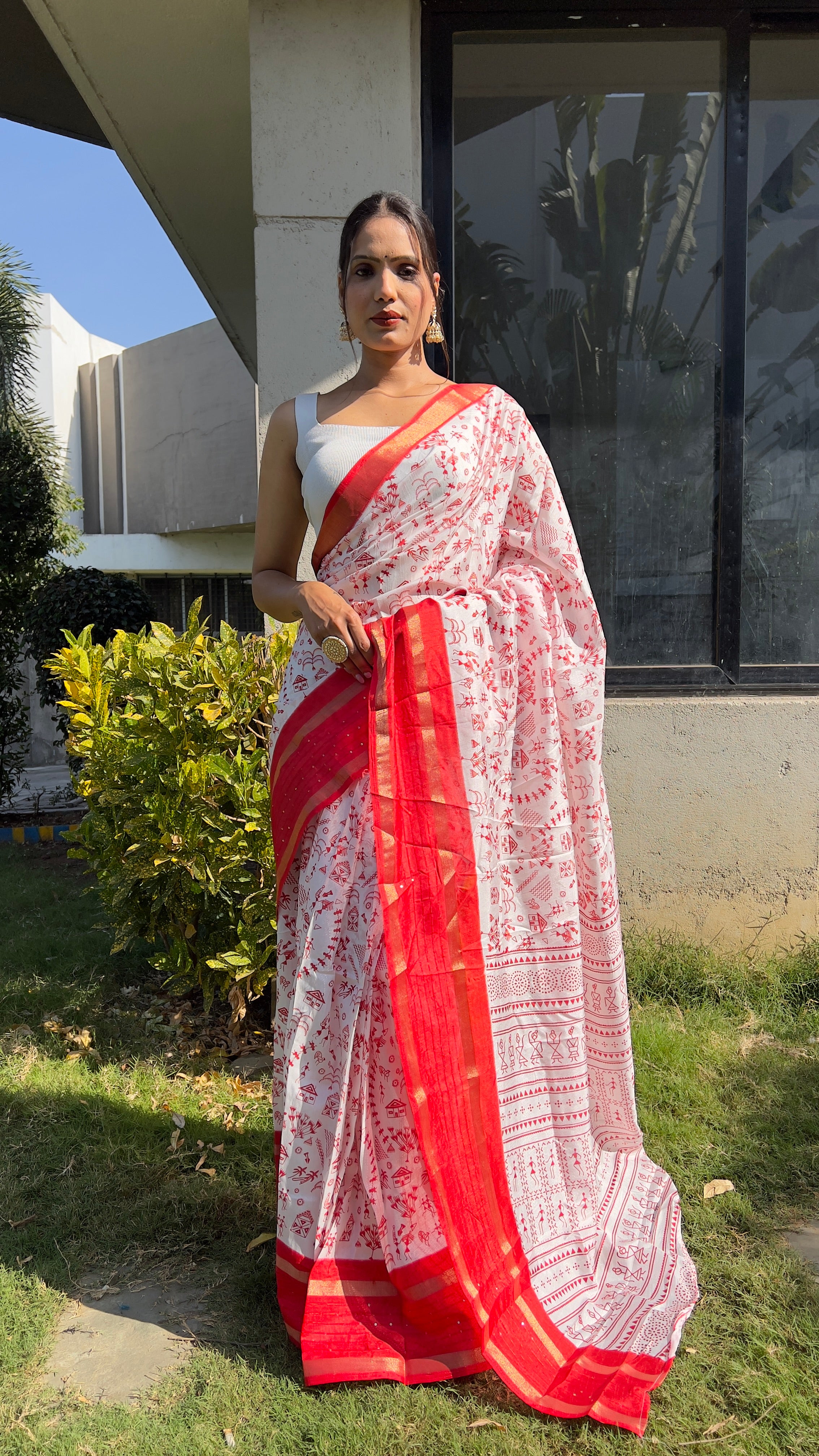 Kalamkari  One Minute Ready To Wear Red Border Saree With Unstiched Blouse