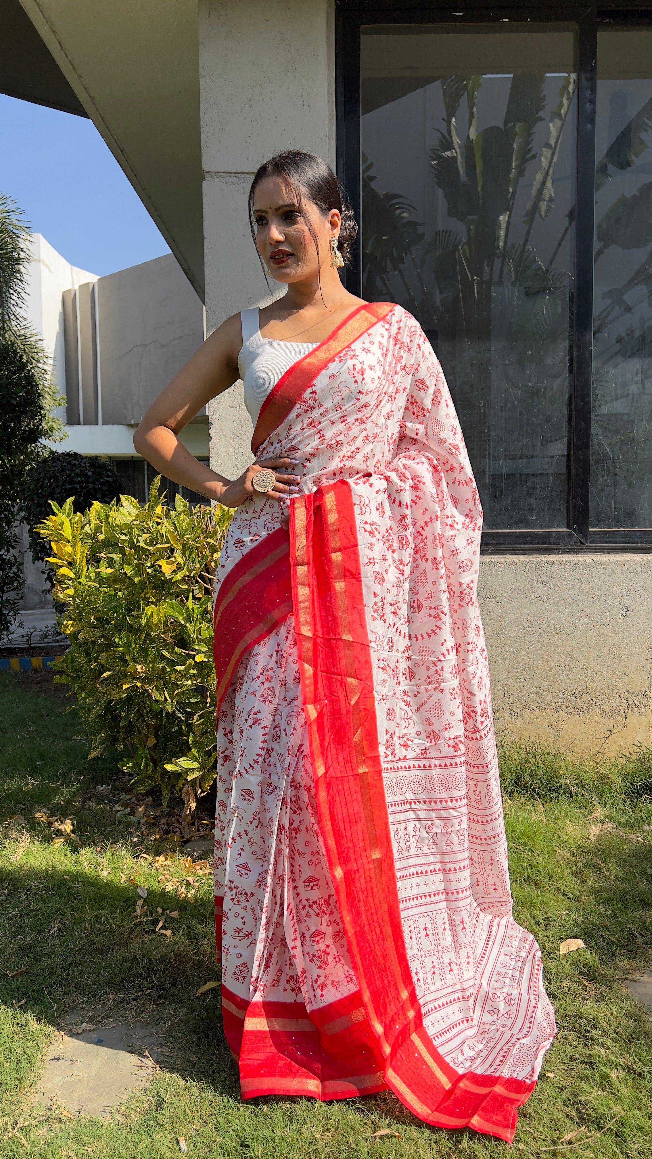 Kalamkari  One Minute Ready To Wear Red Border Saree With Unstiched Blouse