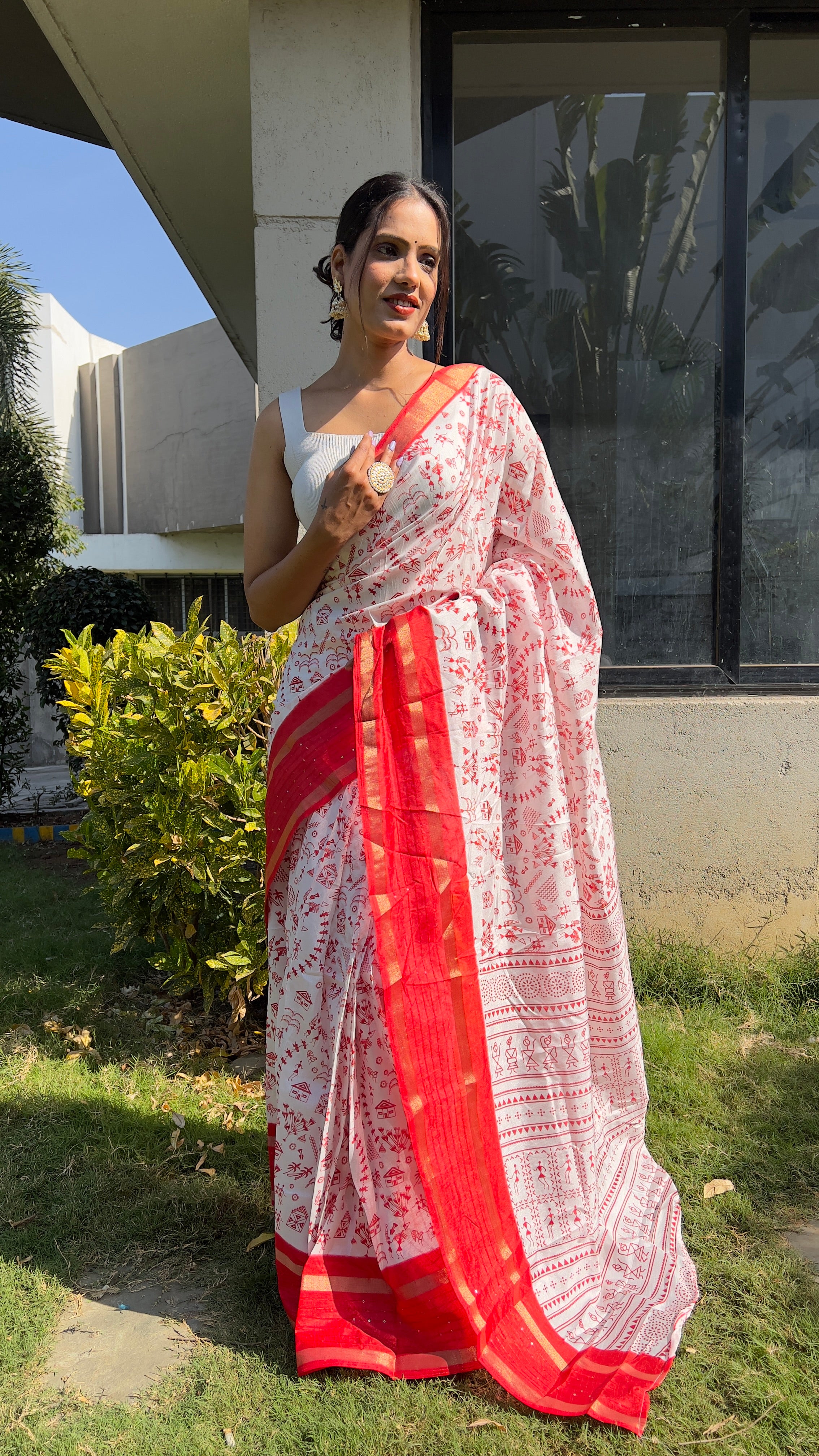 Kalamkari  One Minute Ready To Wear Red Border Saree With Unstiched Blouse