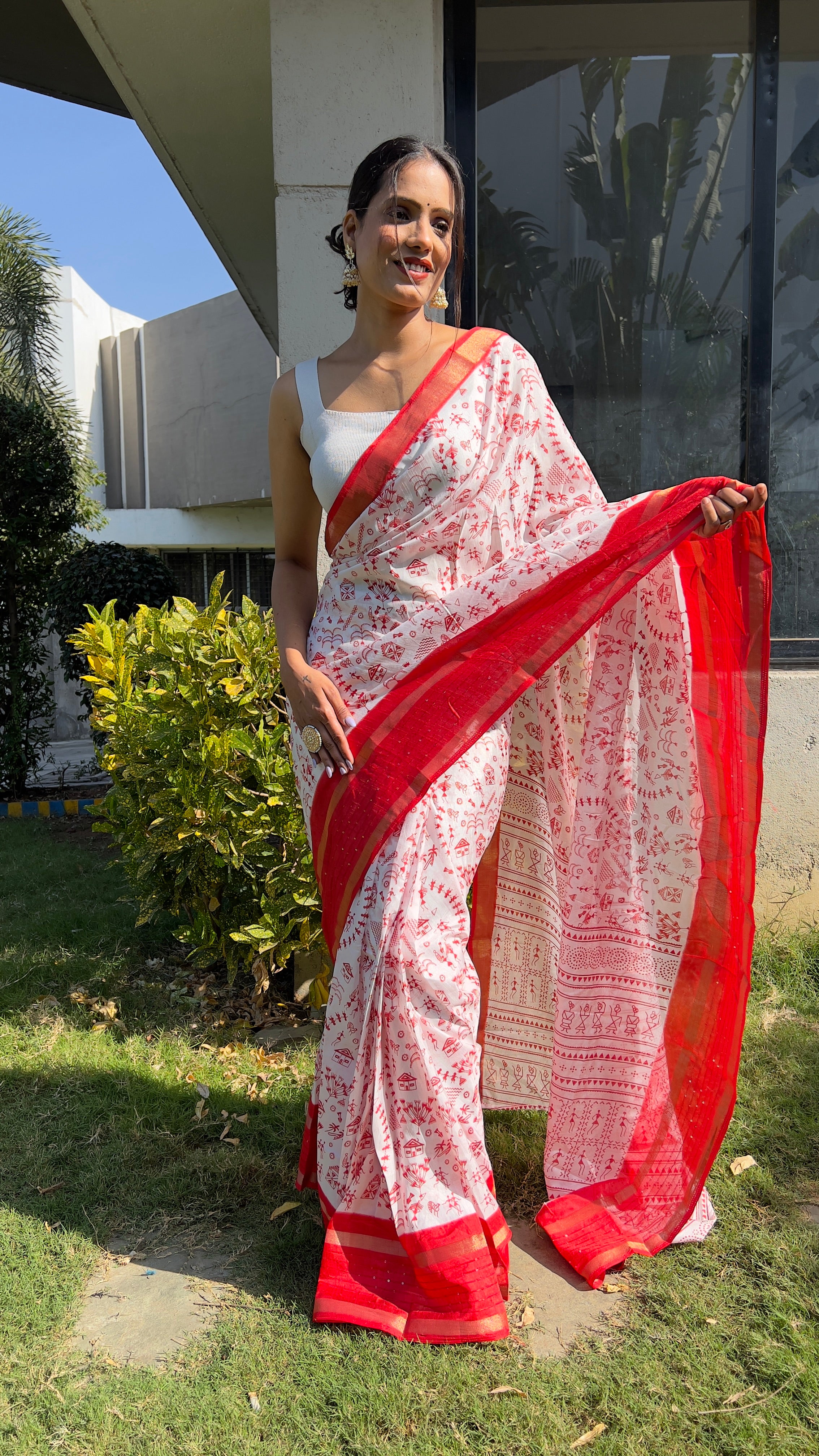 Kalamkari  One Minute Ready To Wear Red Border Saree With Unstiched Blouse