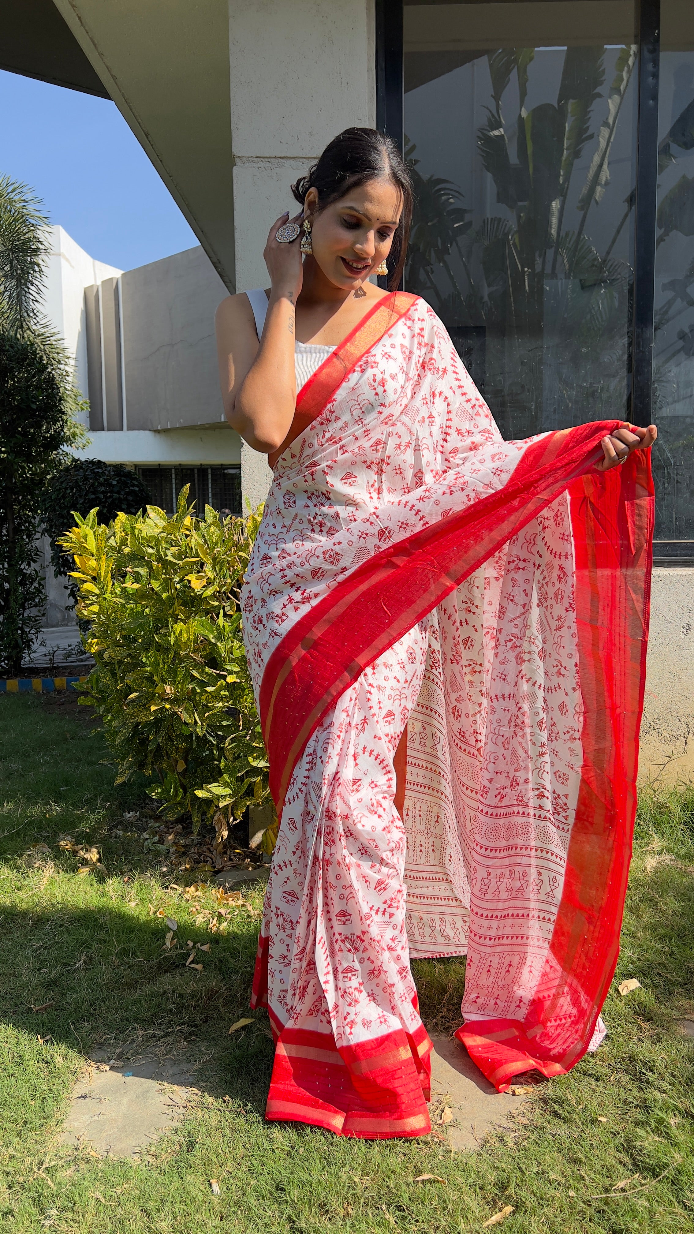 Kalamkari  One Minute Ready To Wear Red Border Saree With Unstiched Blouse