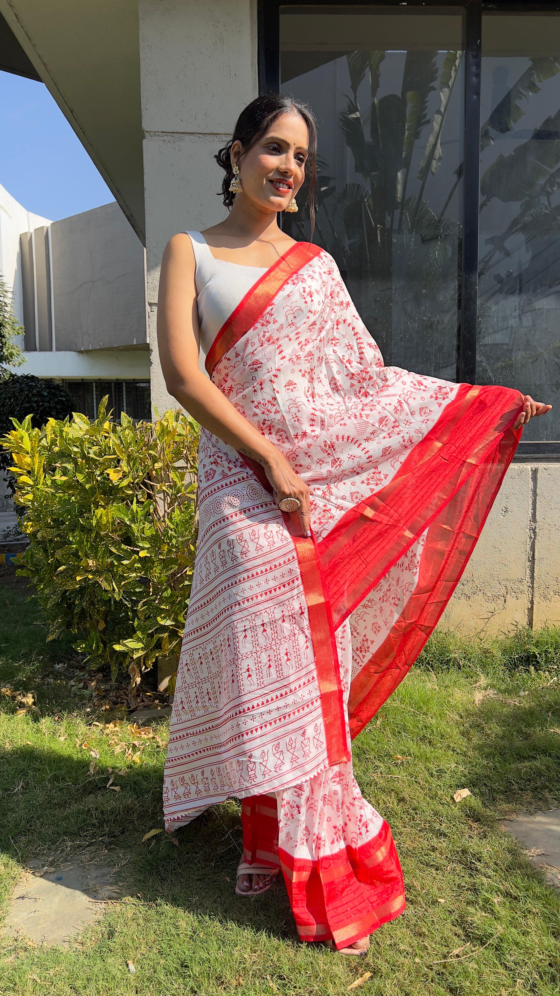 Kalamkari  One Minute Ready To Wear Red Border Saree With Unstiched Blouse