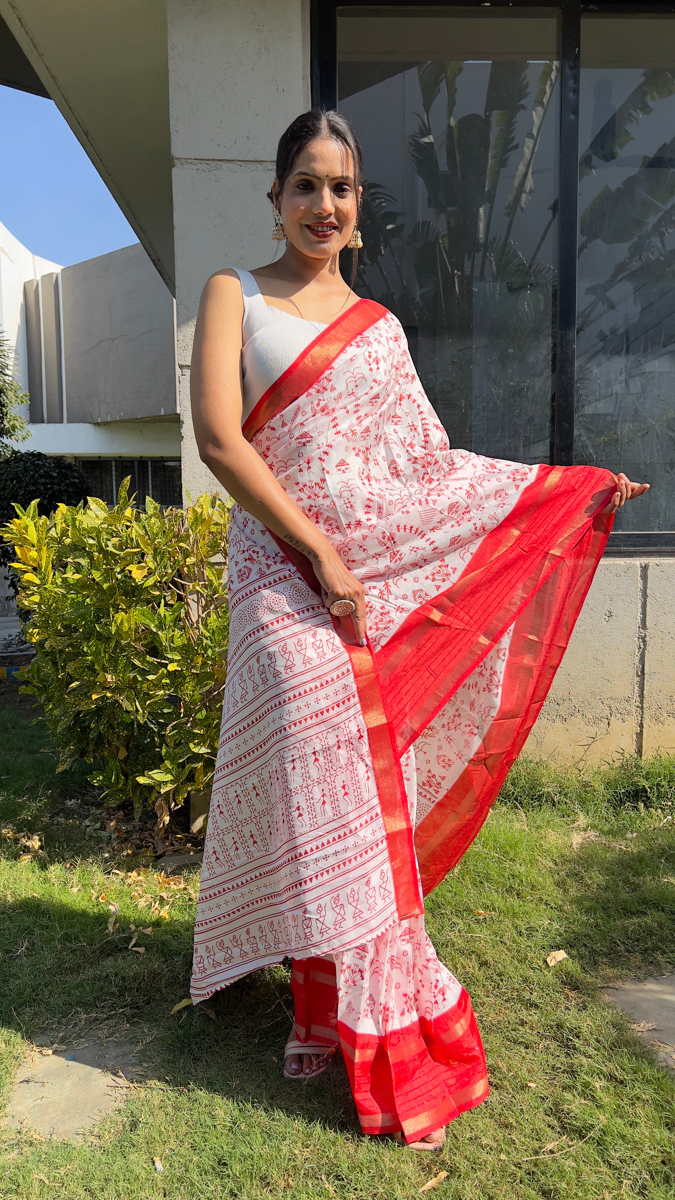 Kalamkari  One Minute Ready To Wear Red Border Saree With Unstiched Blouse