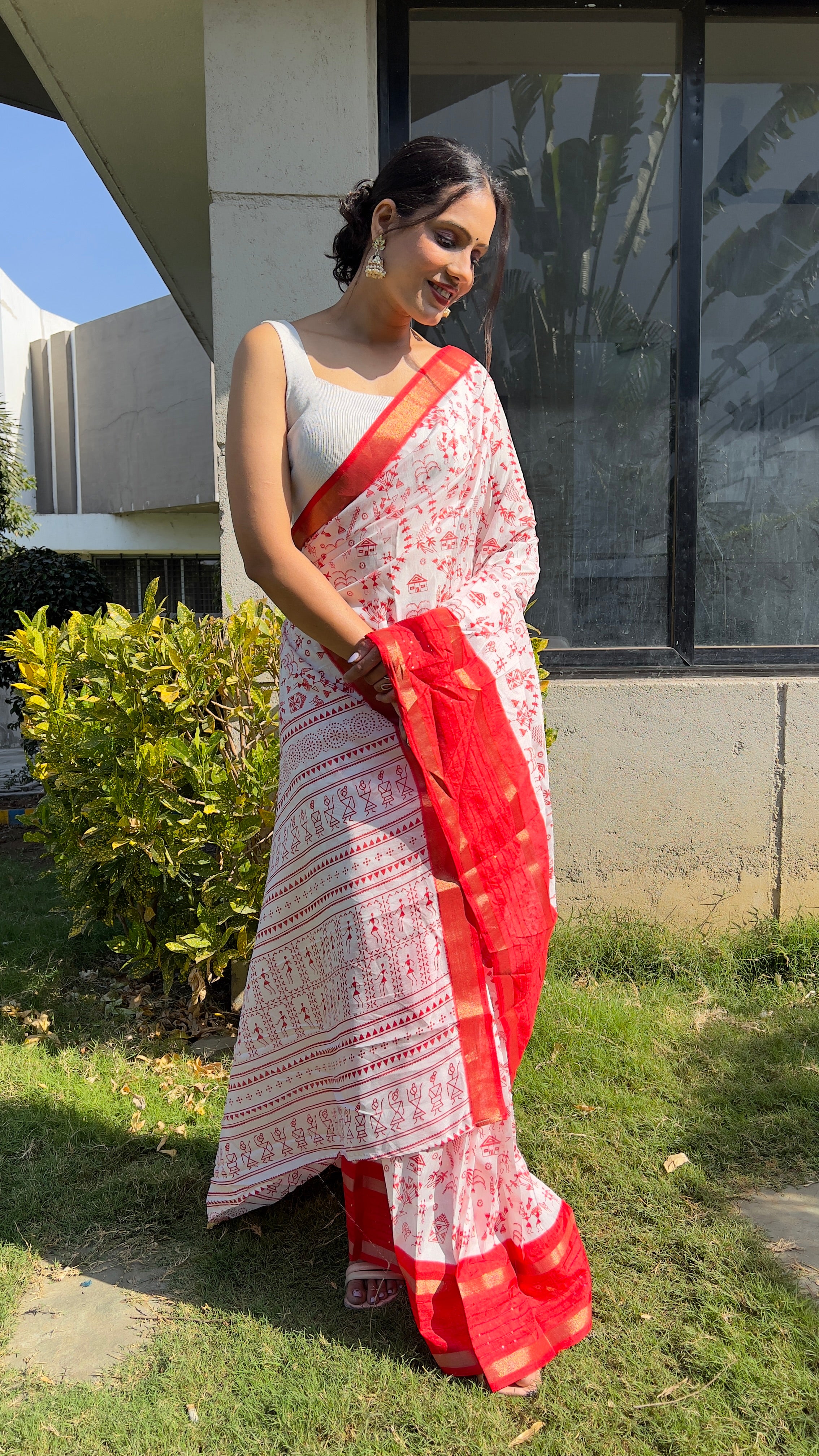 Kalamkari  One Minute Ready To Wear Red Border Saree With Unstiched Blouse