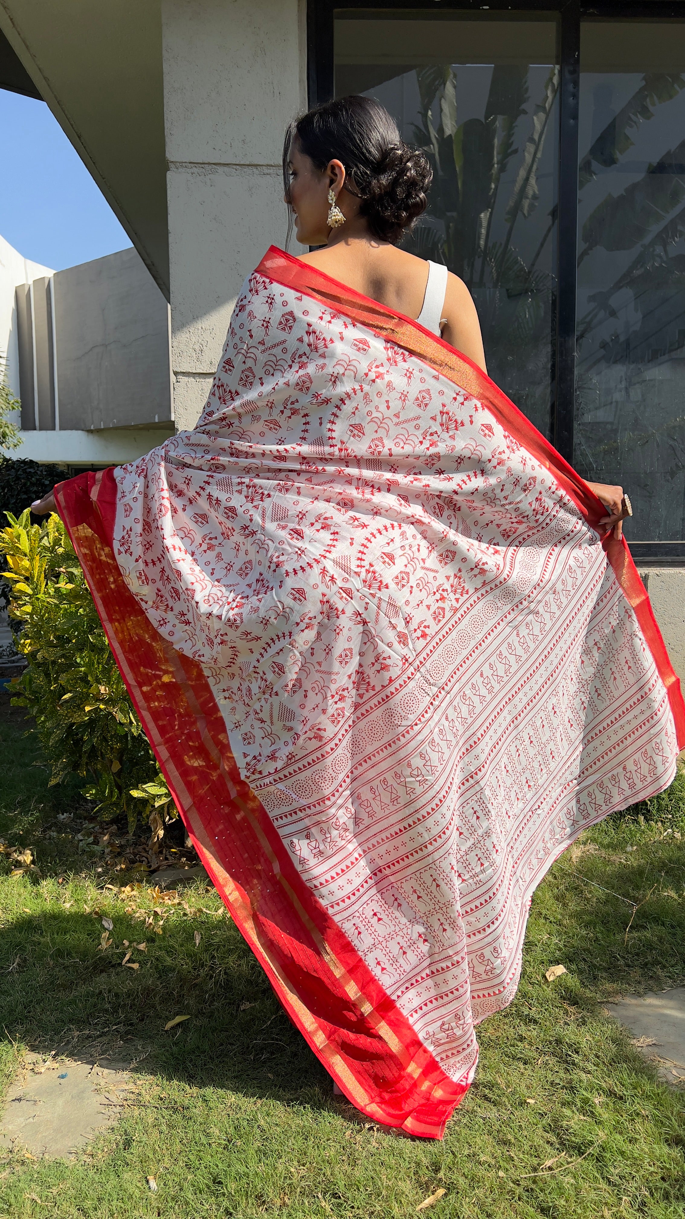 Kalamkari  One Minute Ready To Wear Red Border Saree With Unstiched Blouse