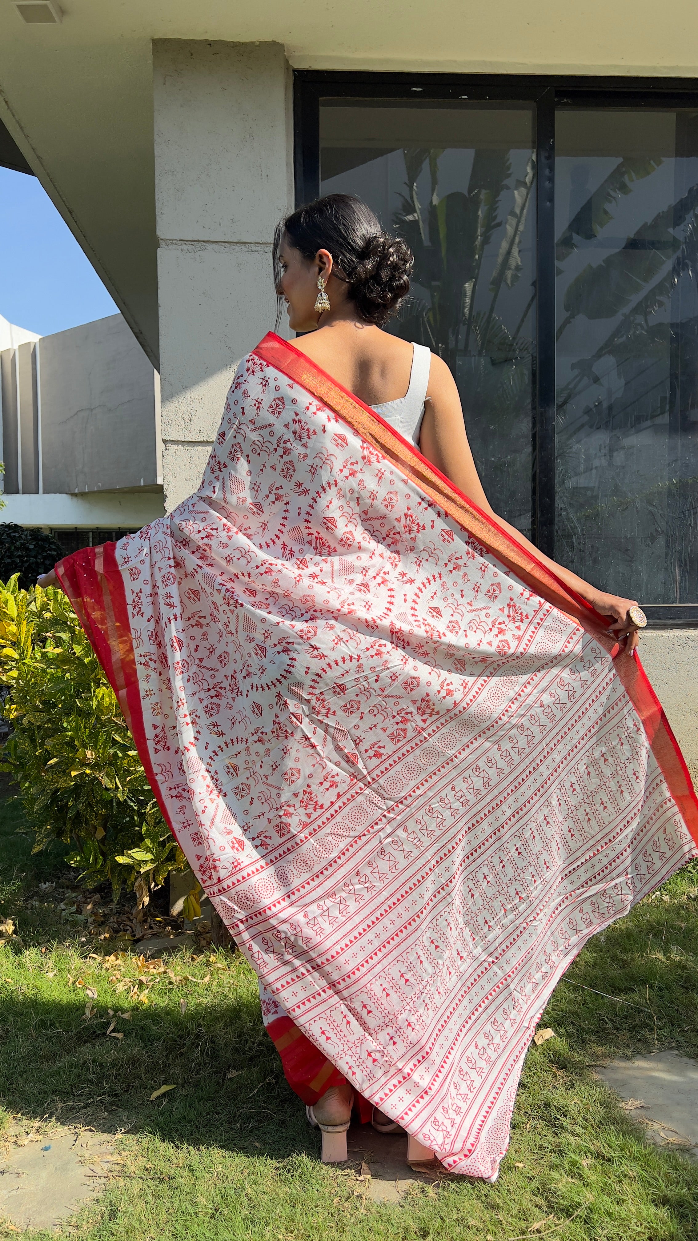 Kalamkari  One Minute Ready To Wear Red Border Saree With Unstiched Blouse