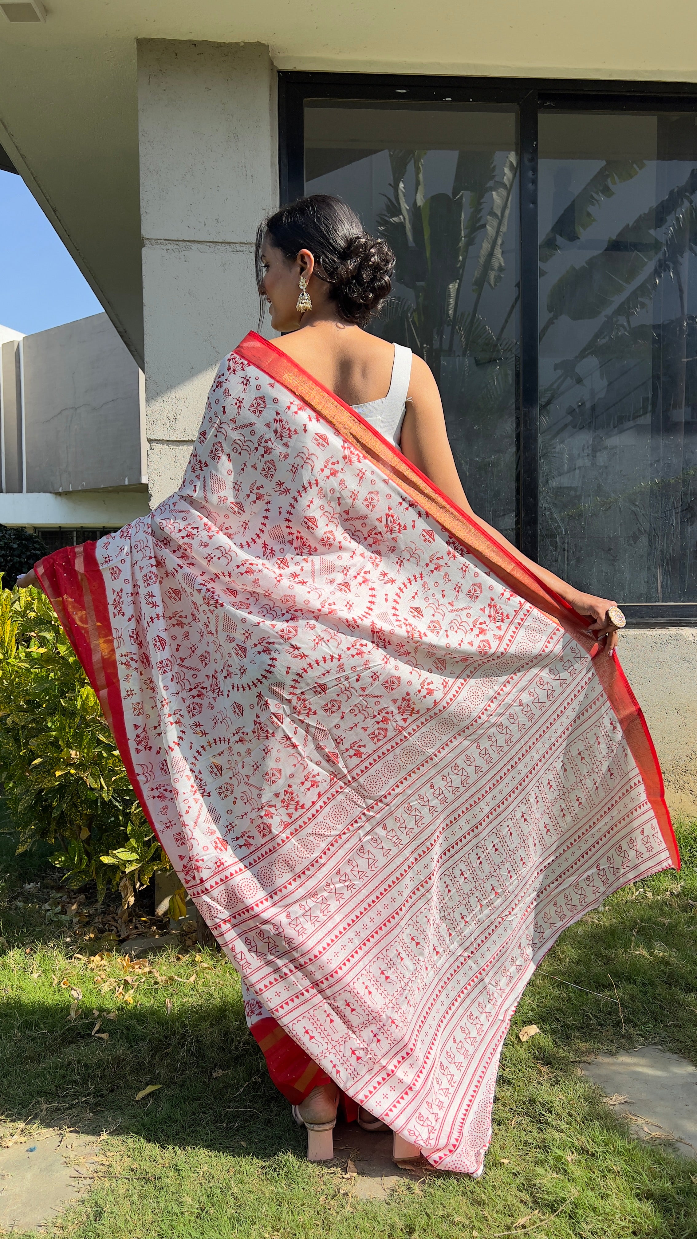 Kalamkari  One Minute Ready To Wear Red Border Saree With Unstiched Blouse