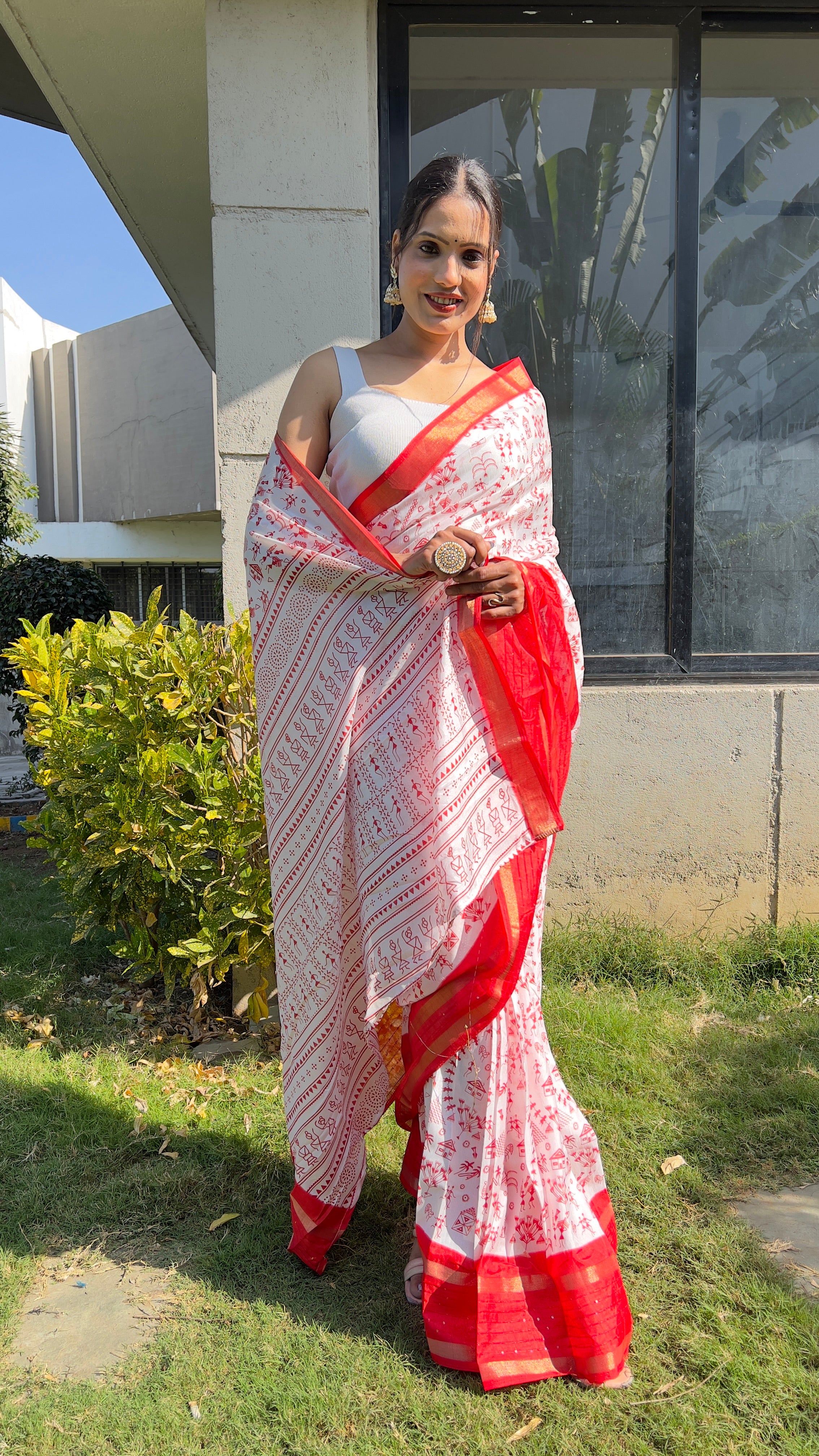 Kalamkari  One Minute Ready To Wear Red Border Saree With Unstiched Blouse