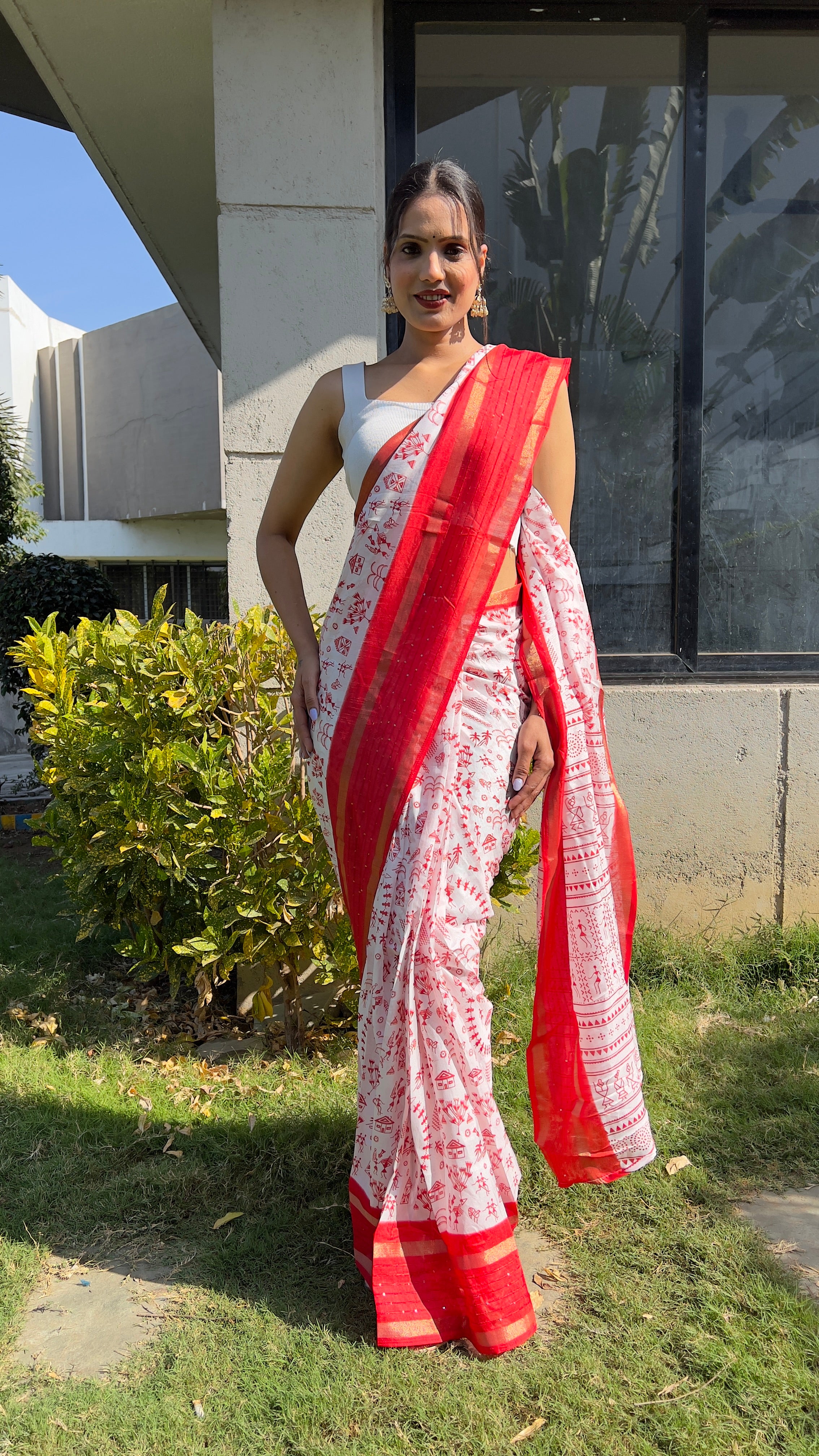 Kalamkari  One Minute Ready To Wear Red Border Saree With Unstiched Blouse