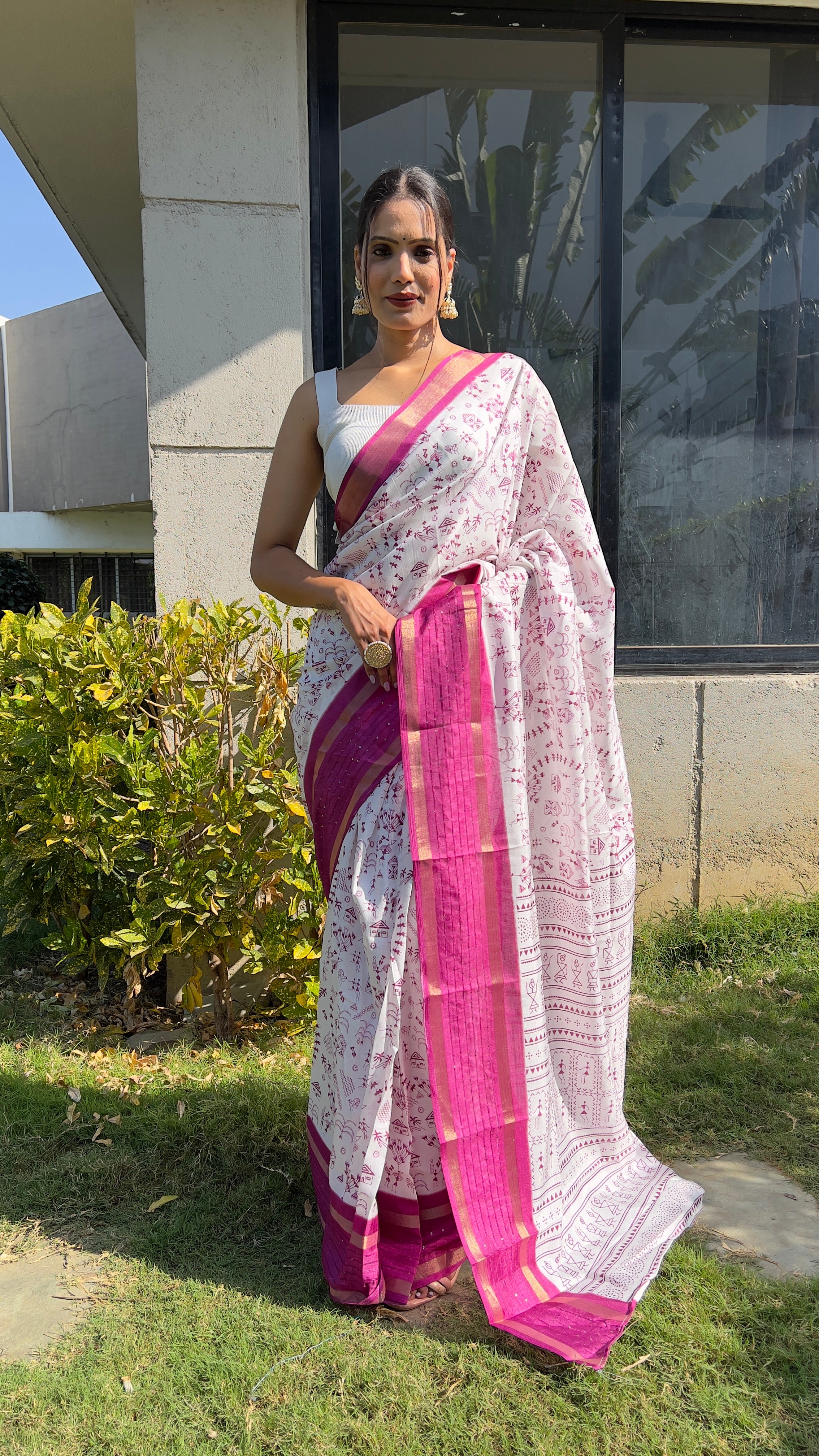 One Minute Ready to Wear New Classy Design White Pink Saree Divashree