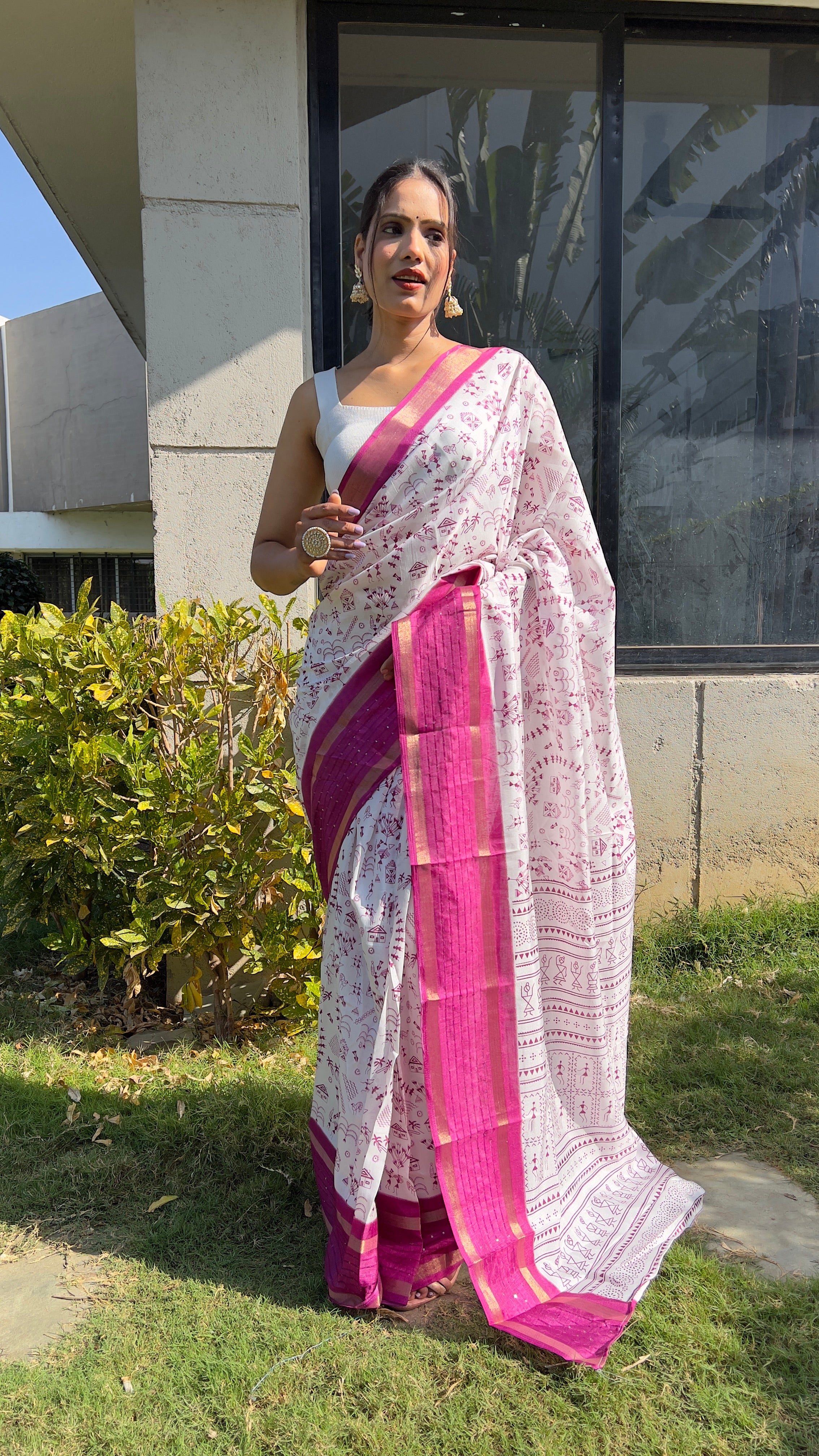 Kalamkari  One Minute Ready To Wear Pink Border Saree With Unstiched Blouse