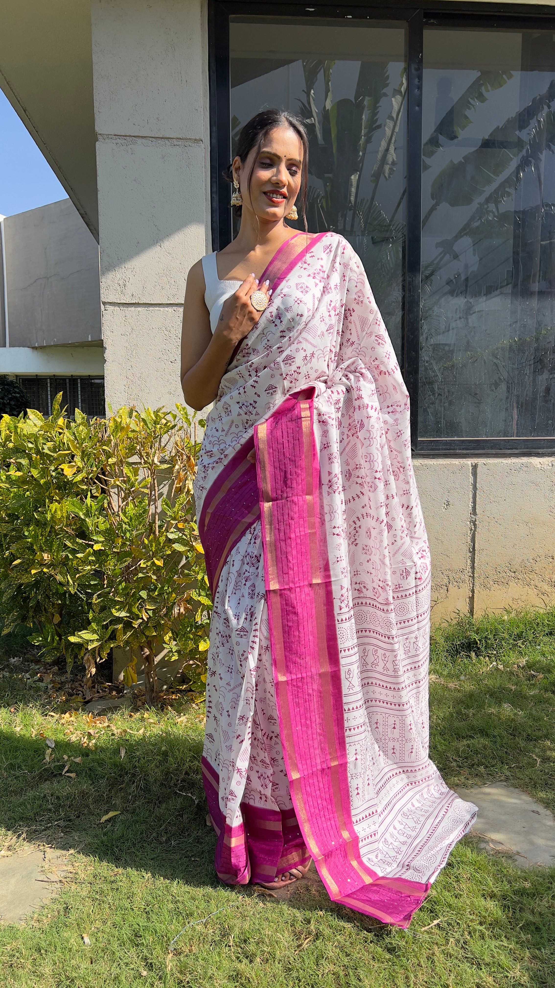 Kalamkari  One Minute Ready To Wear Pink Border Saree With Unstiched Blouse