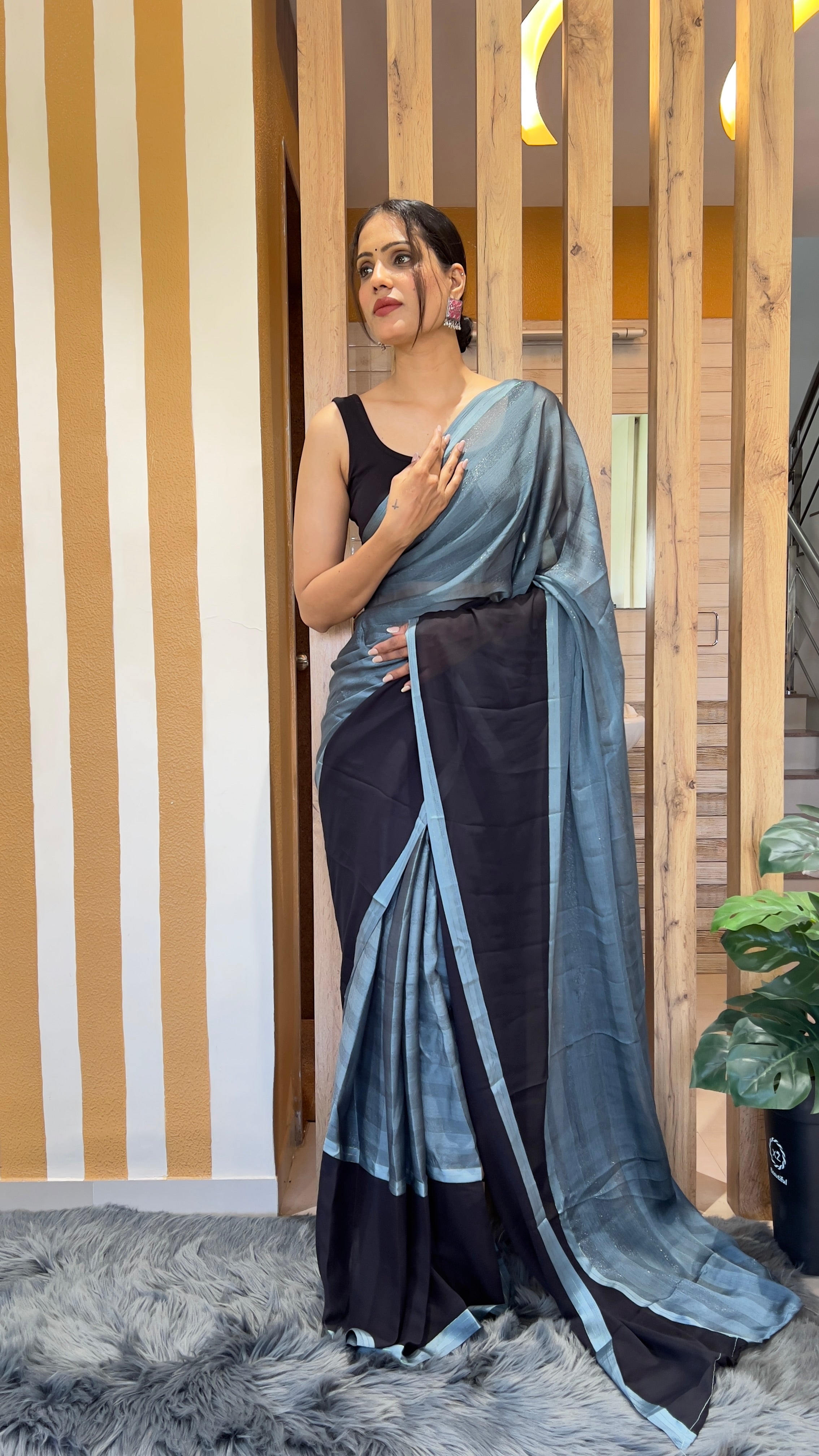 One Minute Ready To Wear Monochrome Elegance Nylone Rimzim saree