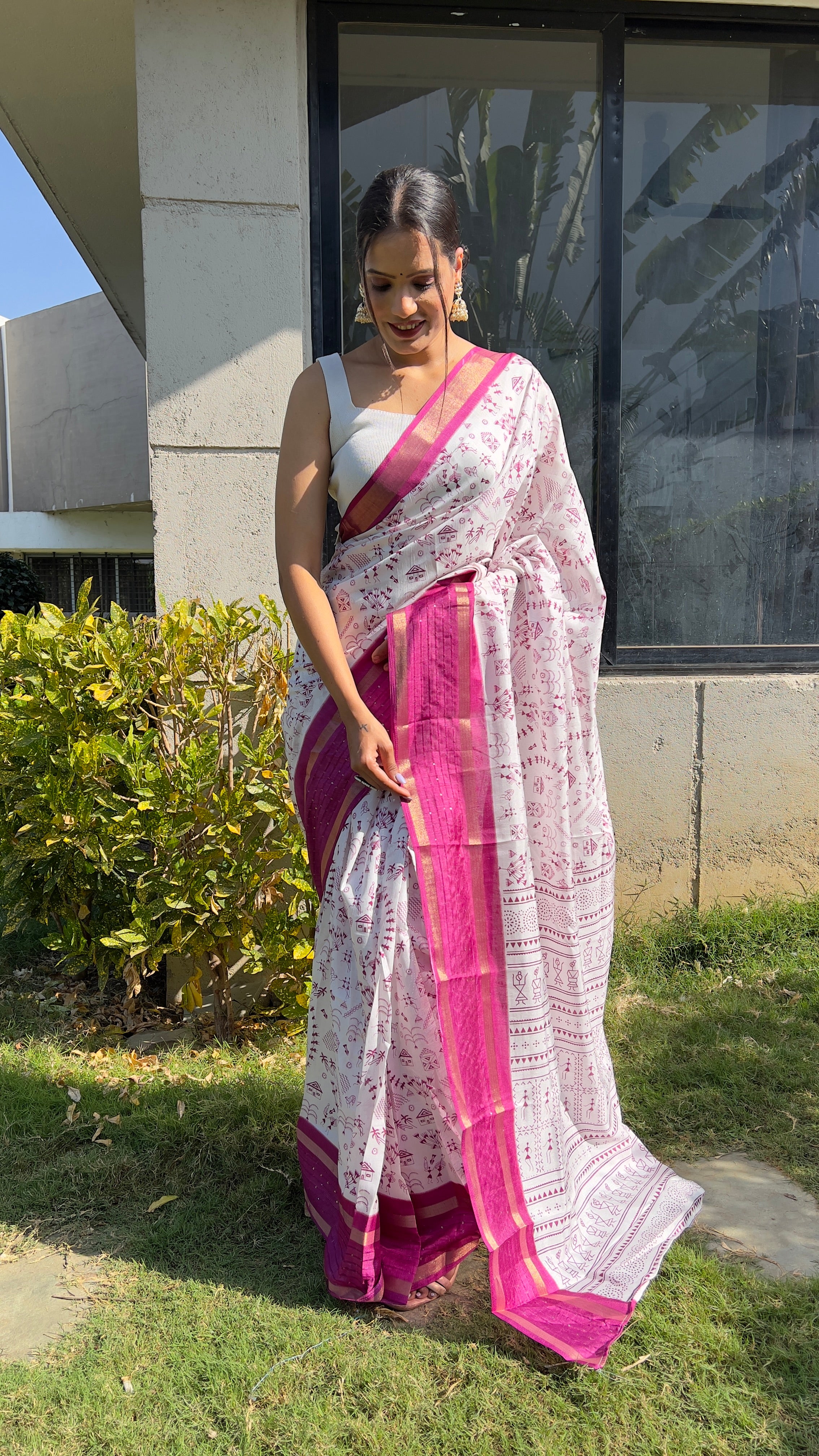 Kalamkari  One Minute Ready To Wear Pink Border Saree With Unstiched Blouse