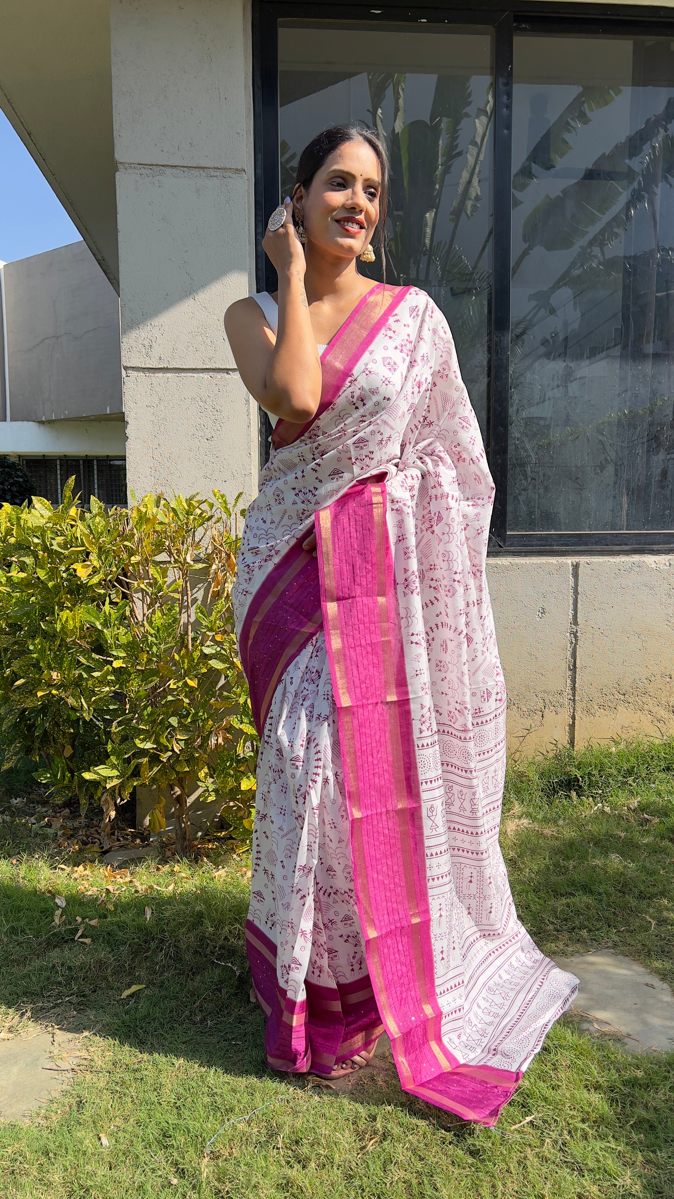 One Minute Ready to Wear New Classy Design White Pink Saree Divashree