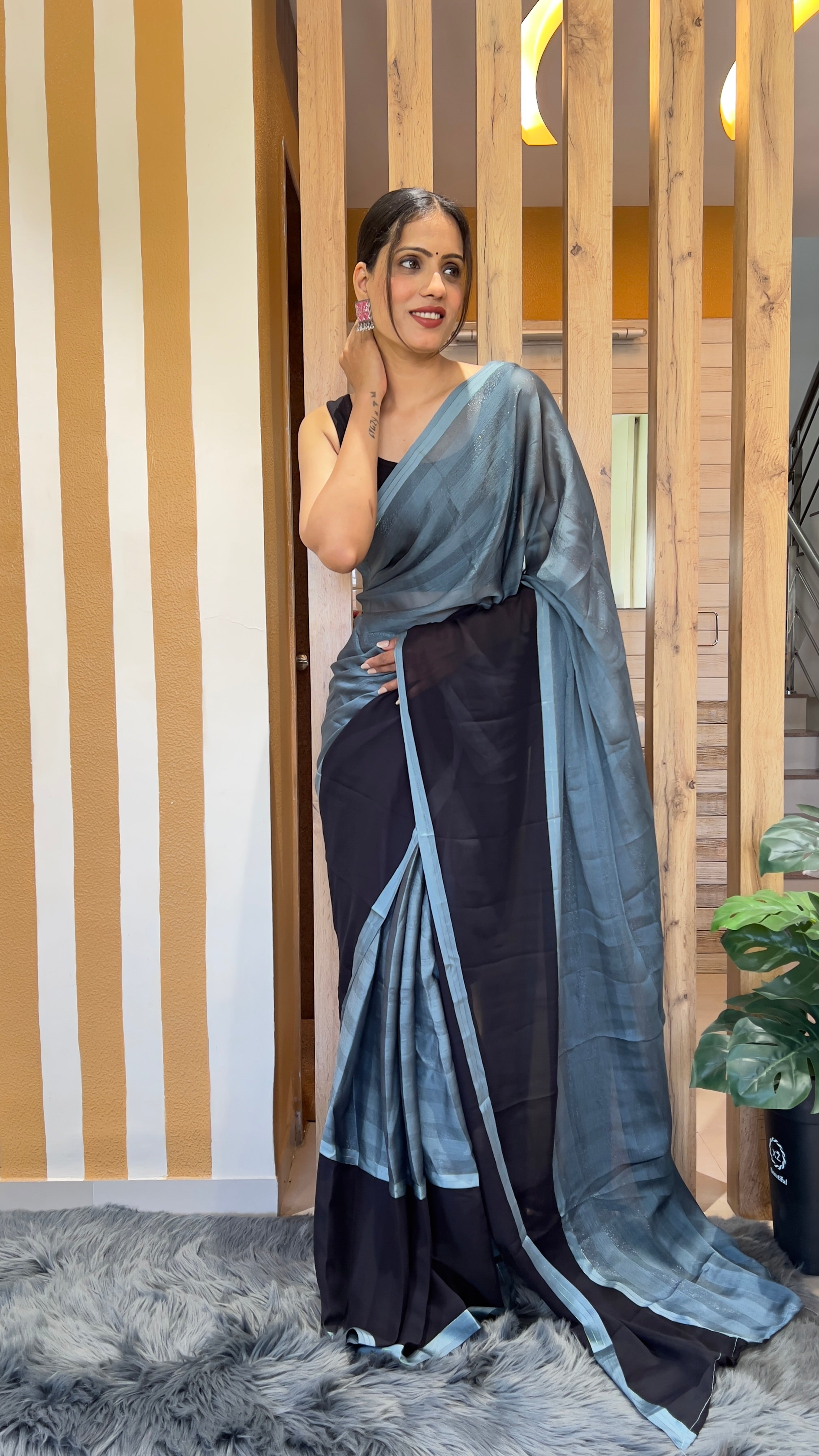 One Minute Ready To Wear Monochrome Elegance Nylone Rimzim saree