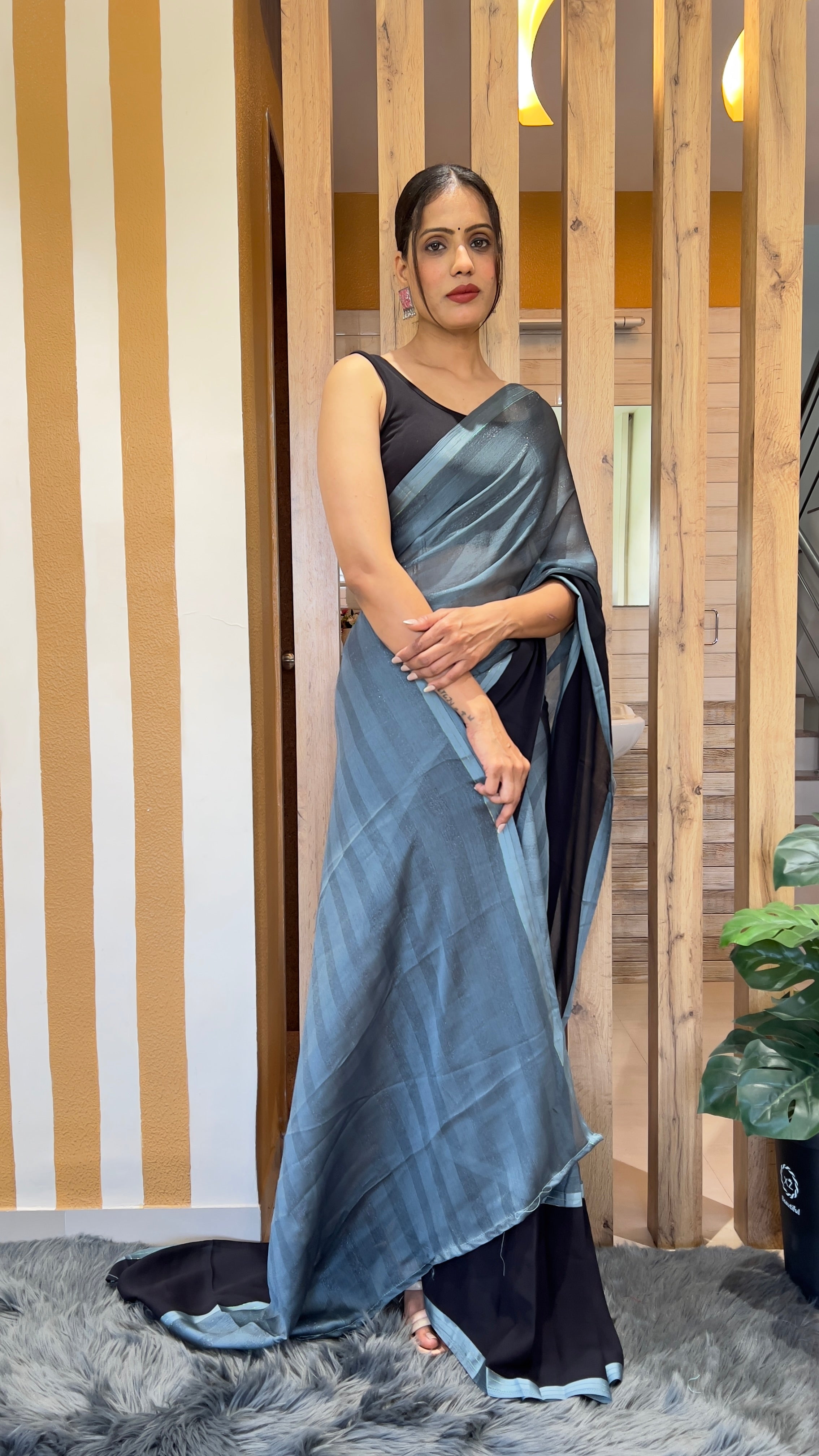 One Minute Ready To Wear Monochrome Elegance Nylone Rimzim saree