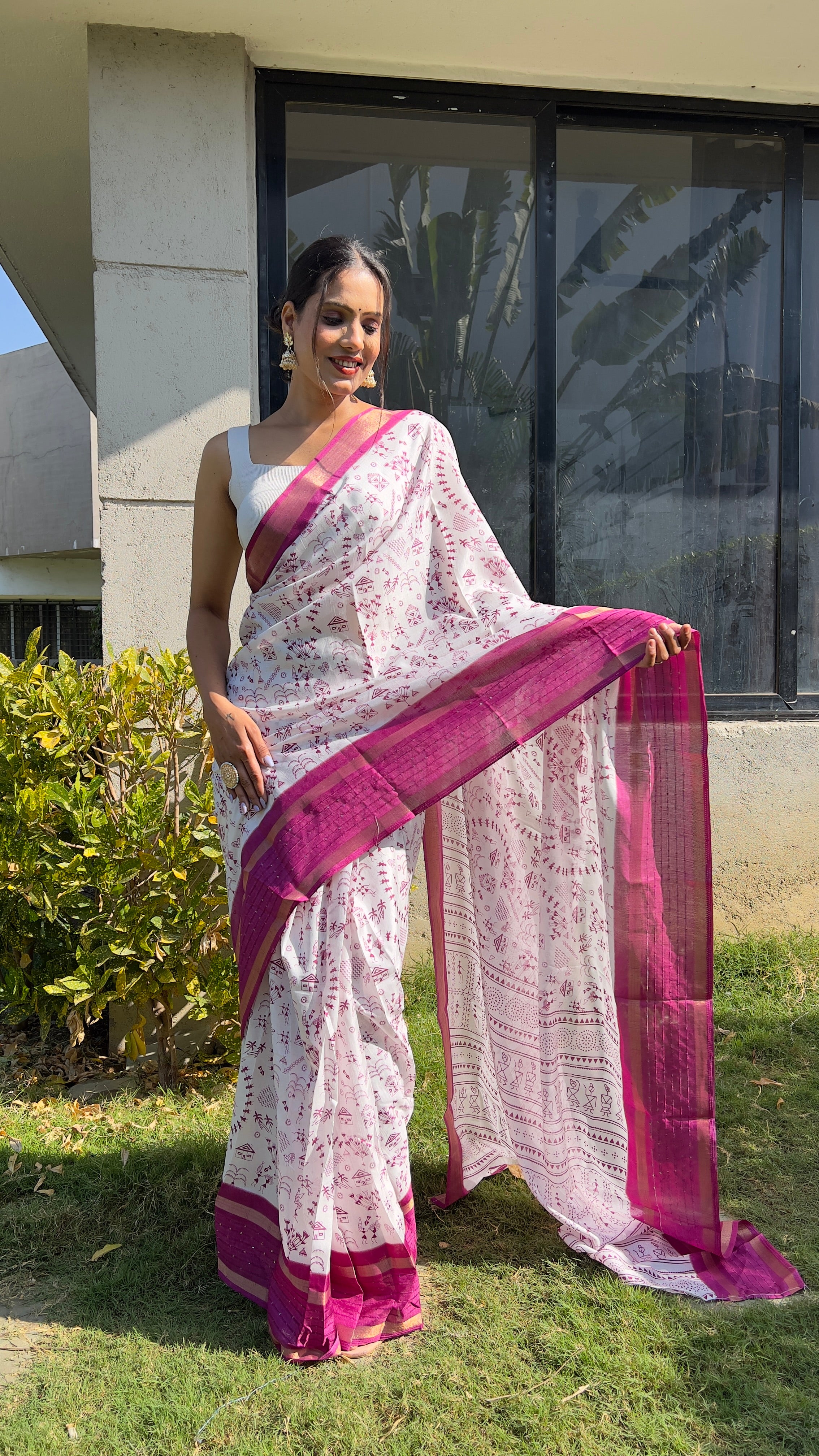 Kalamkari  One Minute Ready To Wear Pink Border Saree With Unstiched Blouse