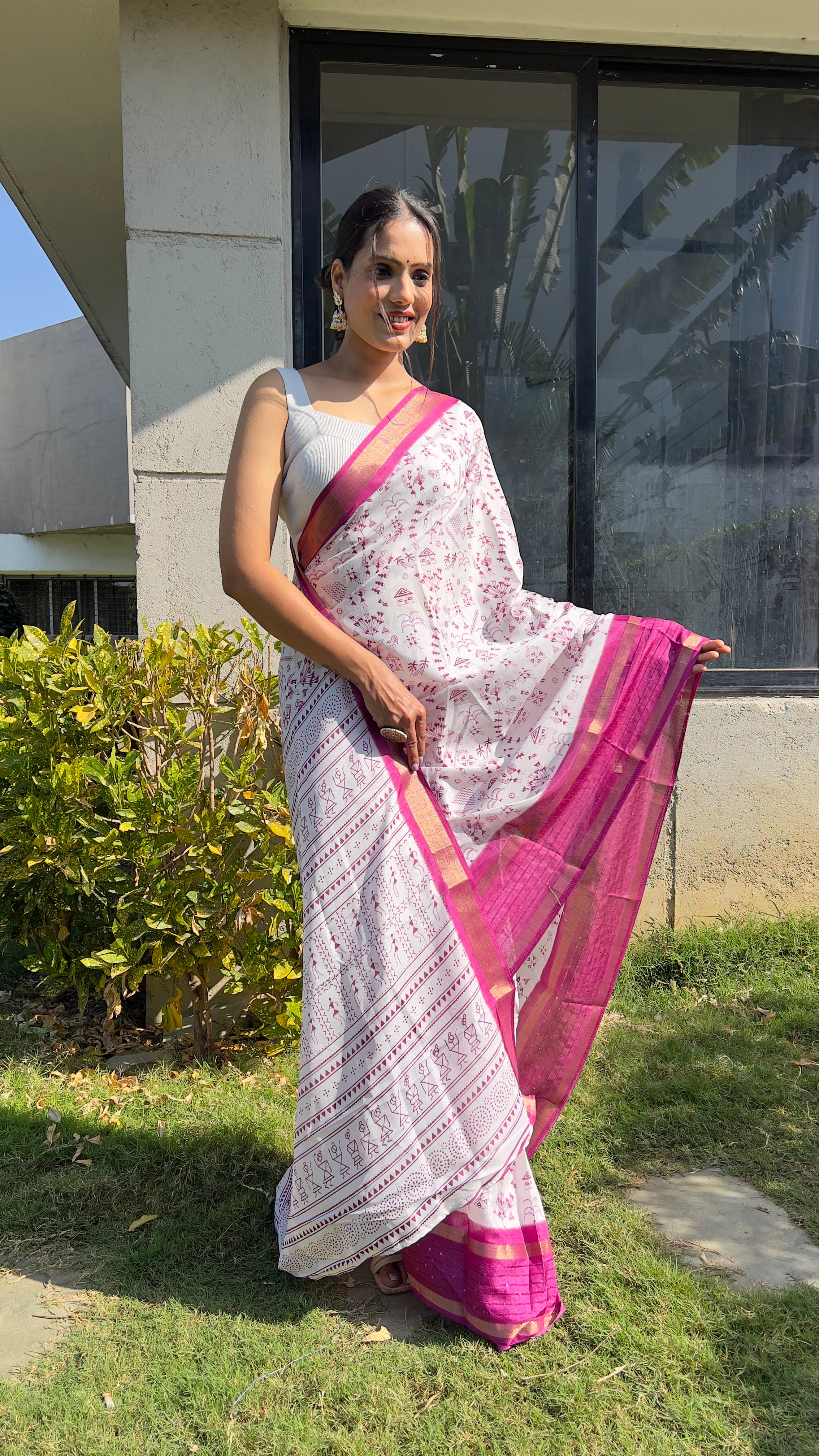 One Minute Ready to Wear New Classy Design White Pink Saree Divashree